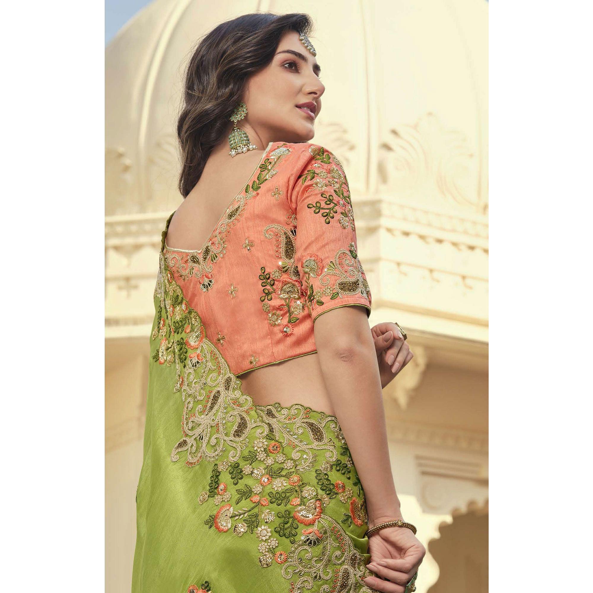 Mint Green Party Wear Embroidered Satin Saree - Peachmode