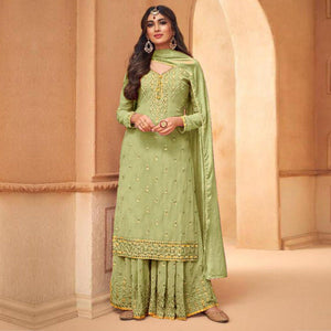 Mint Green Partywear Designer Embroidery Heavy Faux Georgette Salwar suit - Peachmode