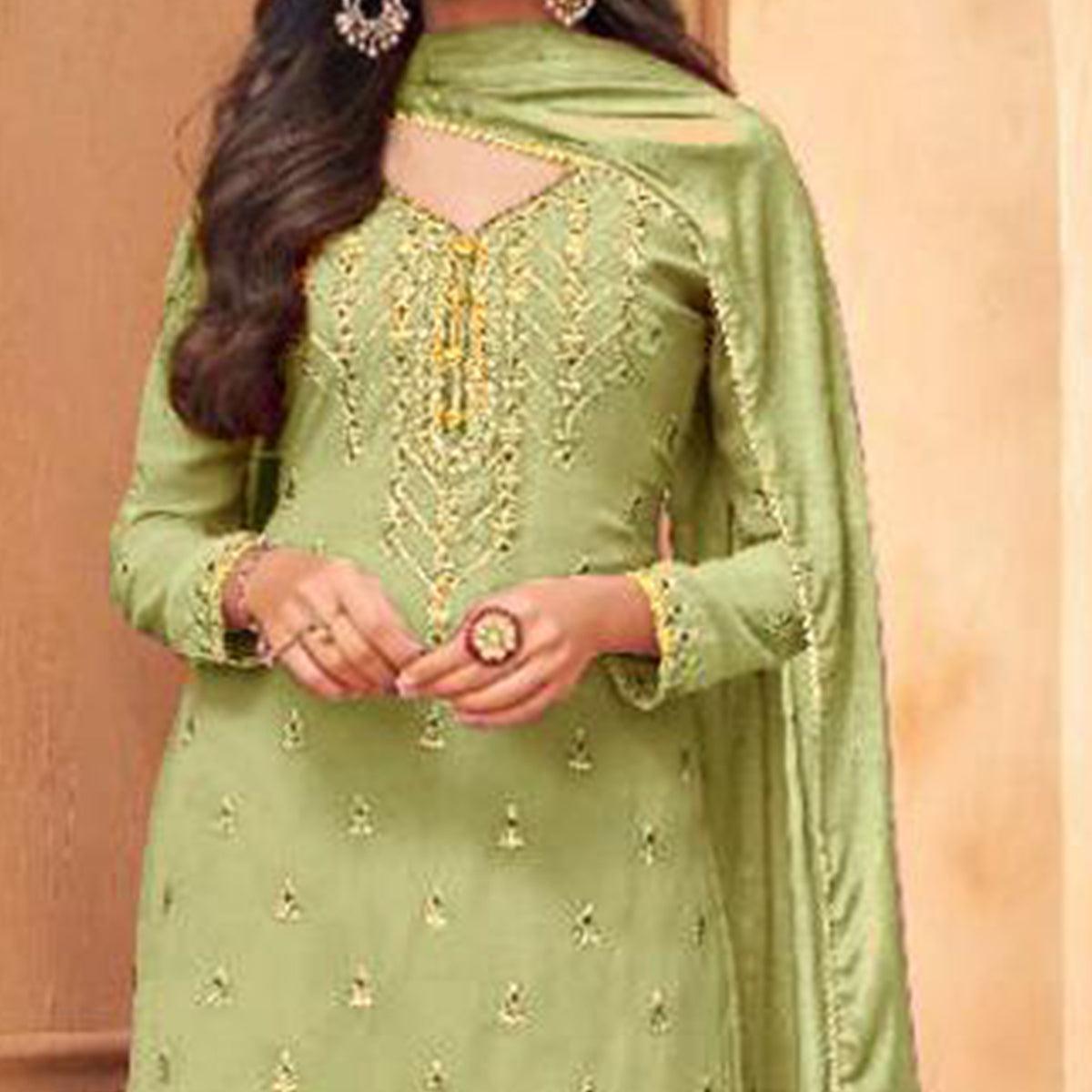 Mint Green Partywear Designer Embroidery Heavy Faux Georgette Salwar suit - Peachmode