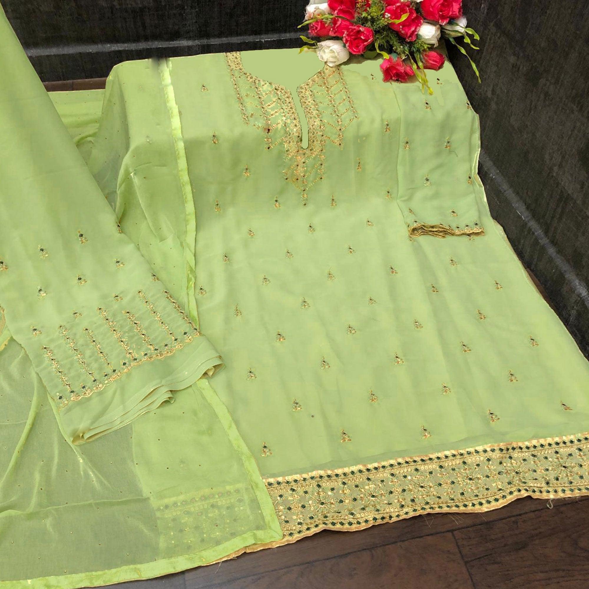 Mint Green Partywear Designer Embroidery Heavy Faux Georgette Salwar suit - Peachmode