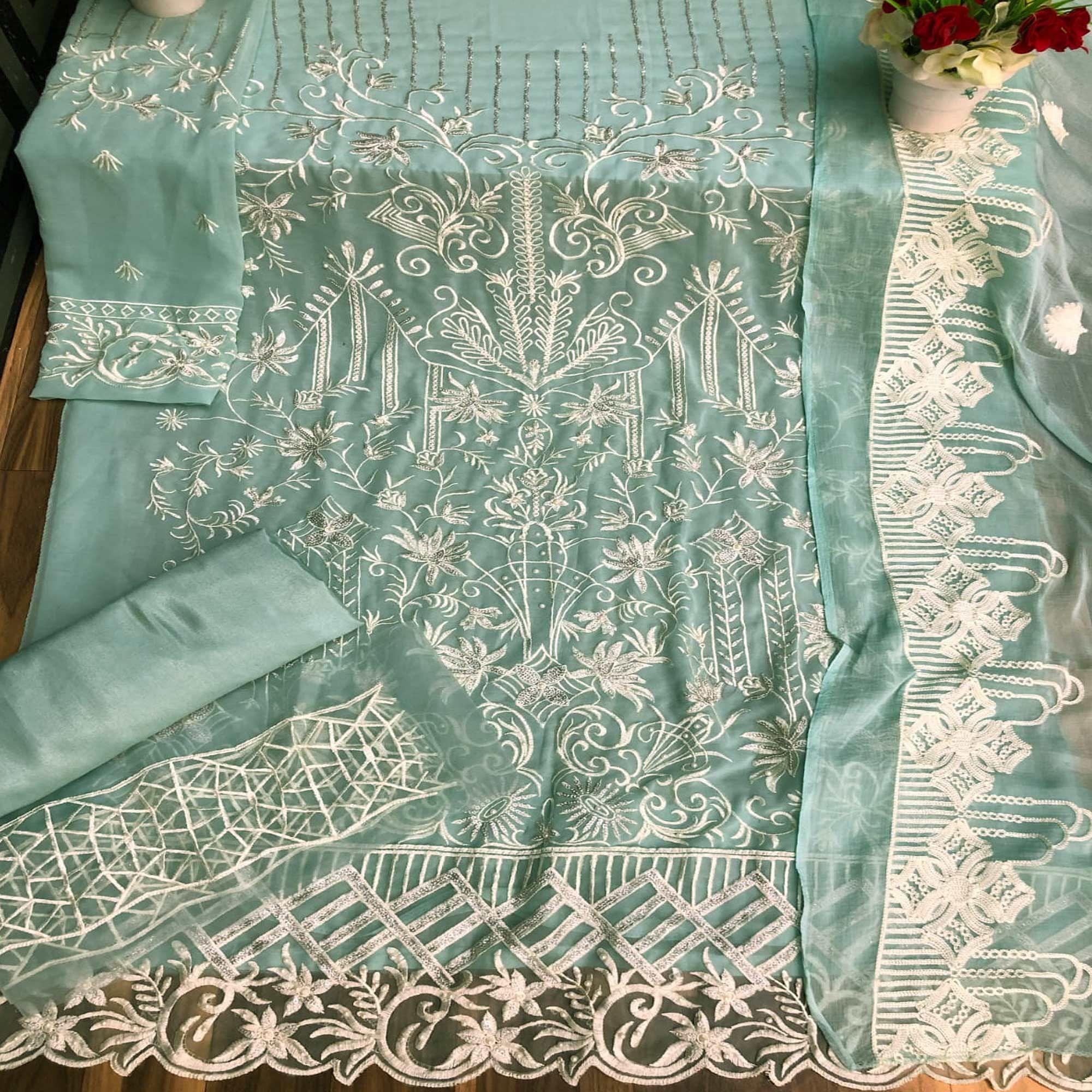 Mint Green Partywear Embroidered Faux Georgette Straight Pakistani Suit - Peachmode