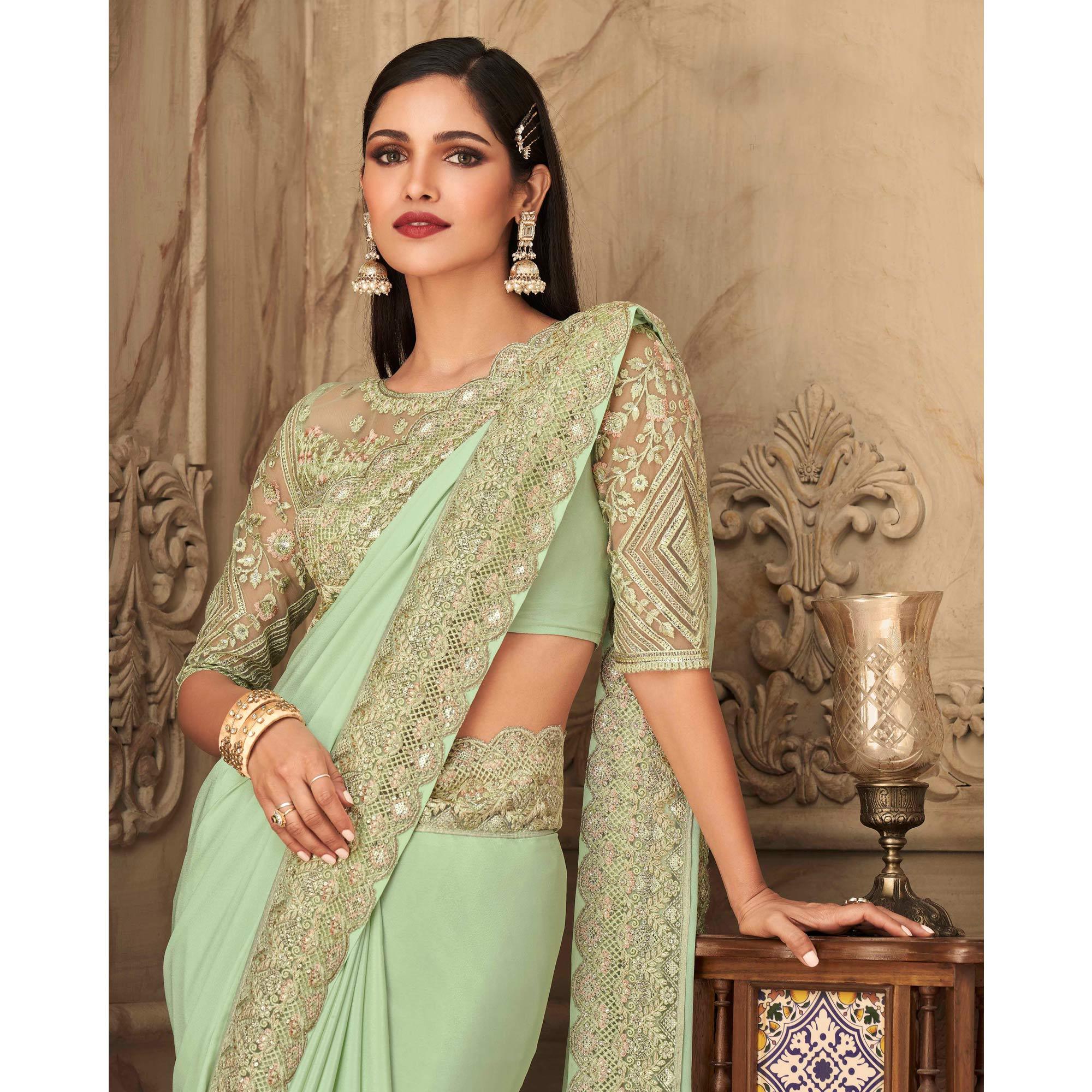 Mint Green Partywear Sequence Embroidered Silk Saree - Peachmode