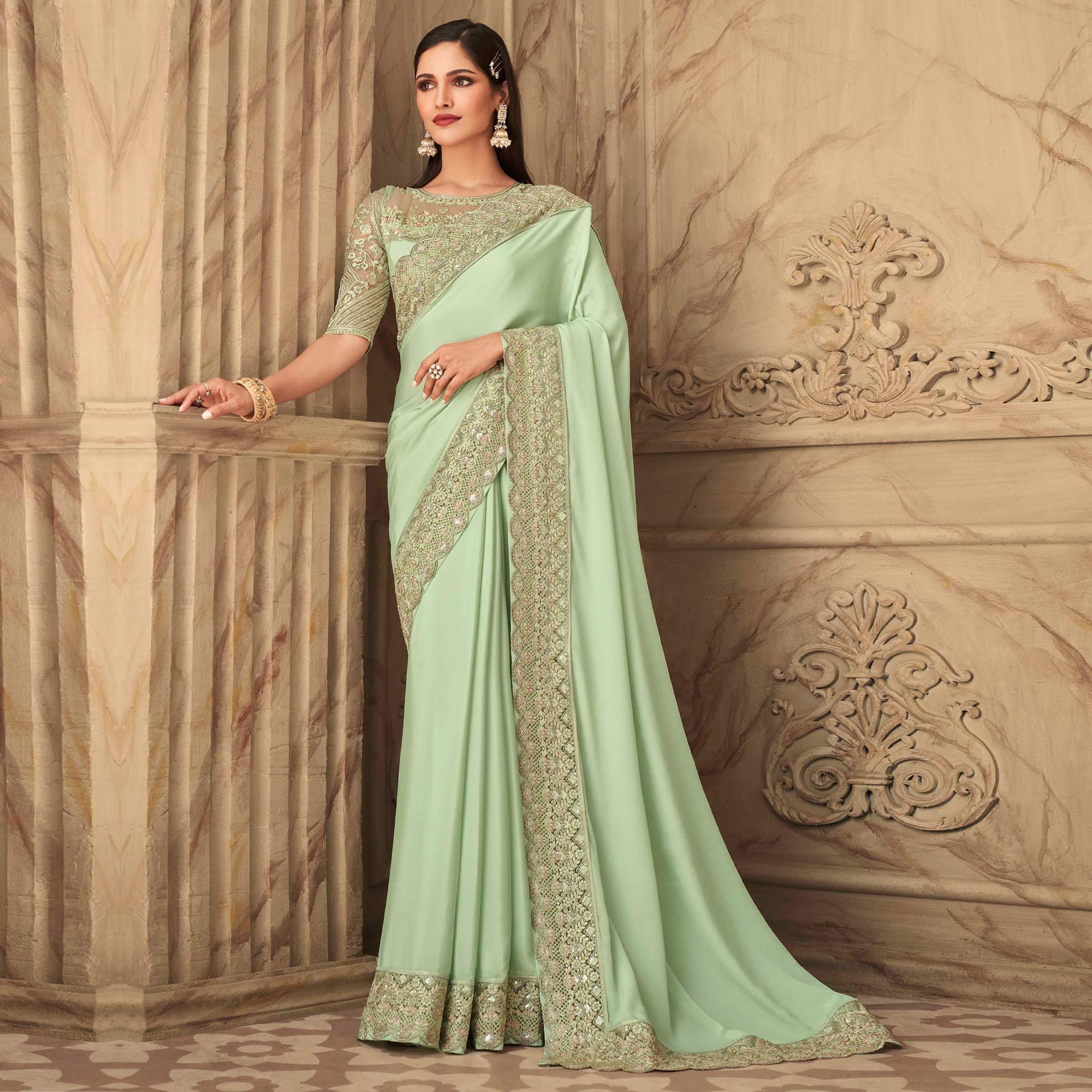 Mint Green Partywear Sequence Embroidered Silk Saree - Peachmode