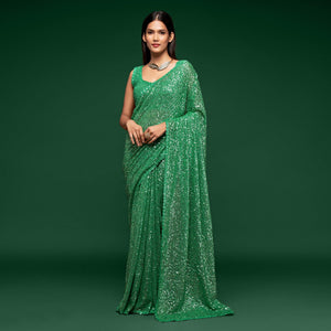 Mint Green Partywear Thread & Sequins Embroidered Georgette Saree - Peachmode