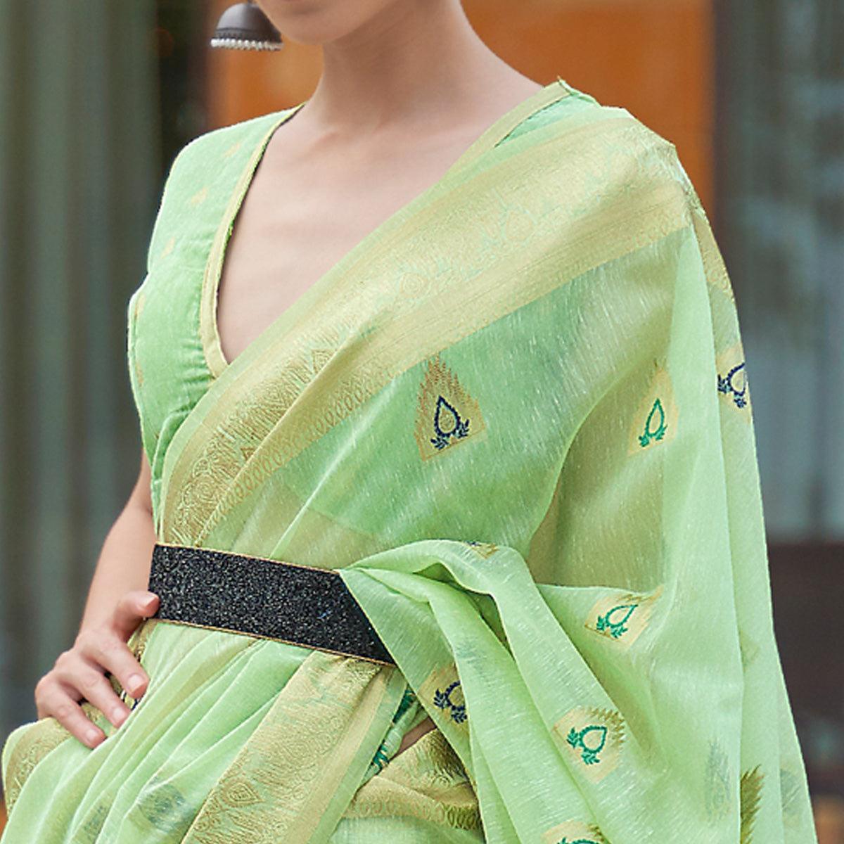 Mint Green Partywear Woven Pure Linen Saree - Peachmode
