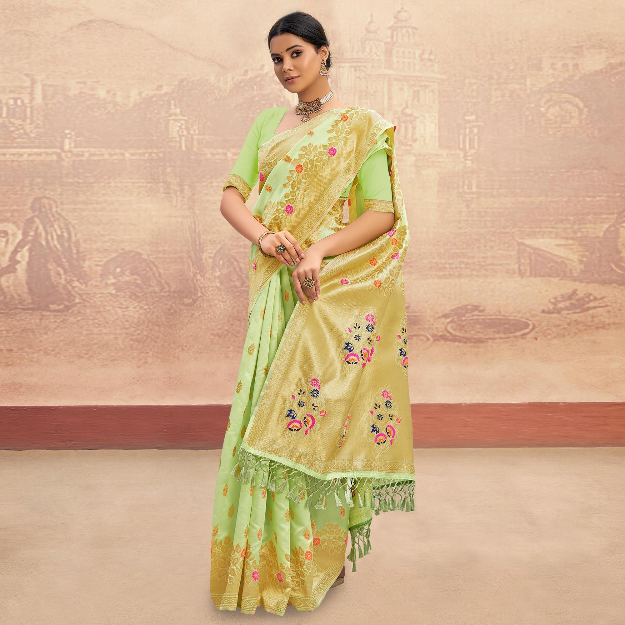 Mint Green Partywear Woven Silk Saree - Peachmode