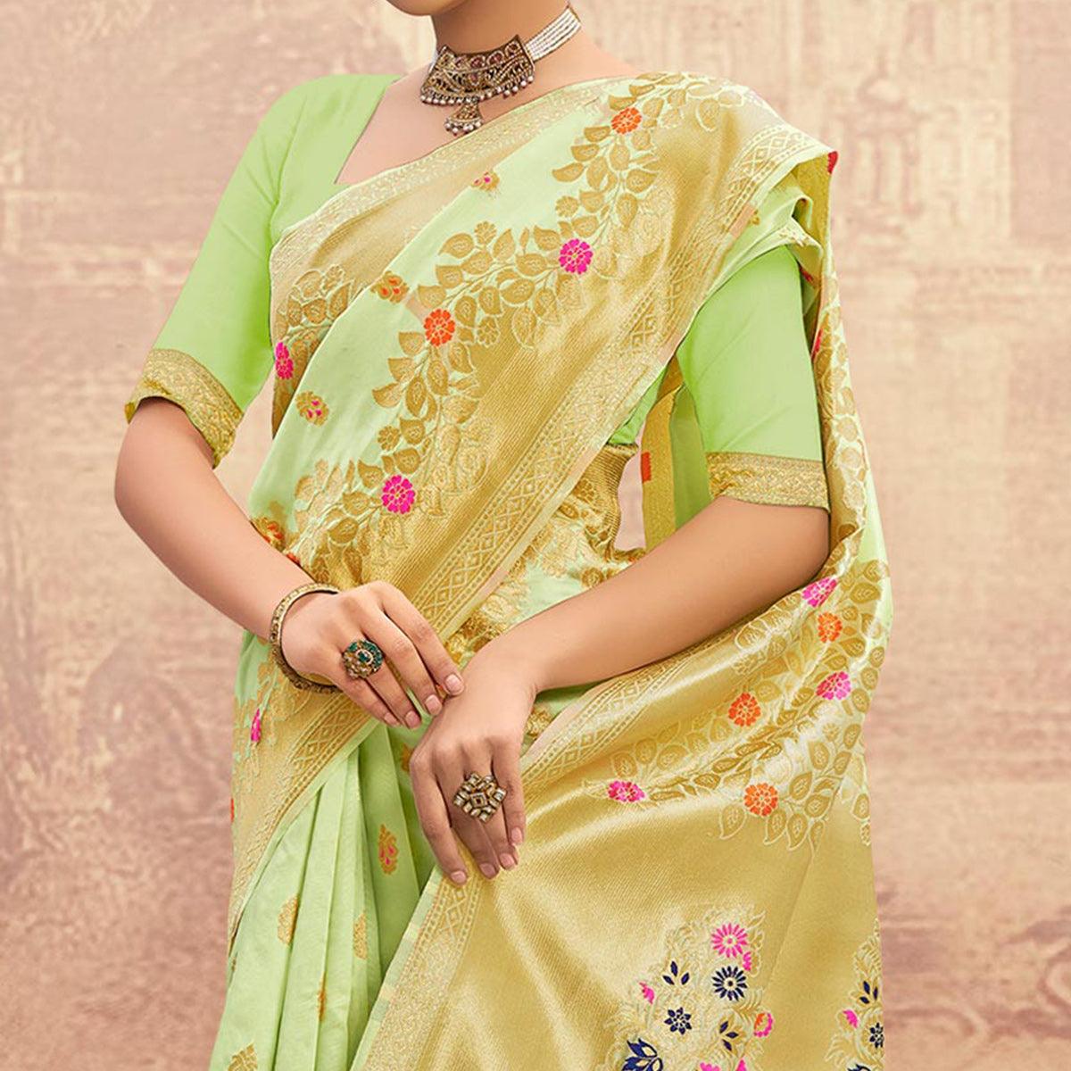 Mint Green Partywear Woven Silk Saree - Peachmode