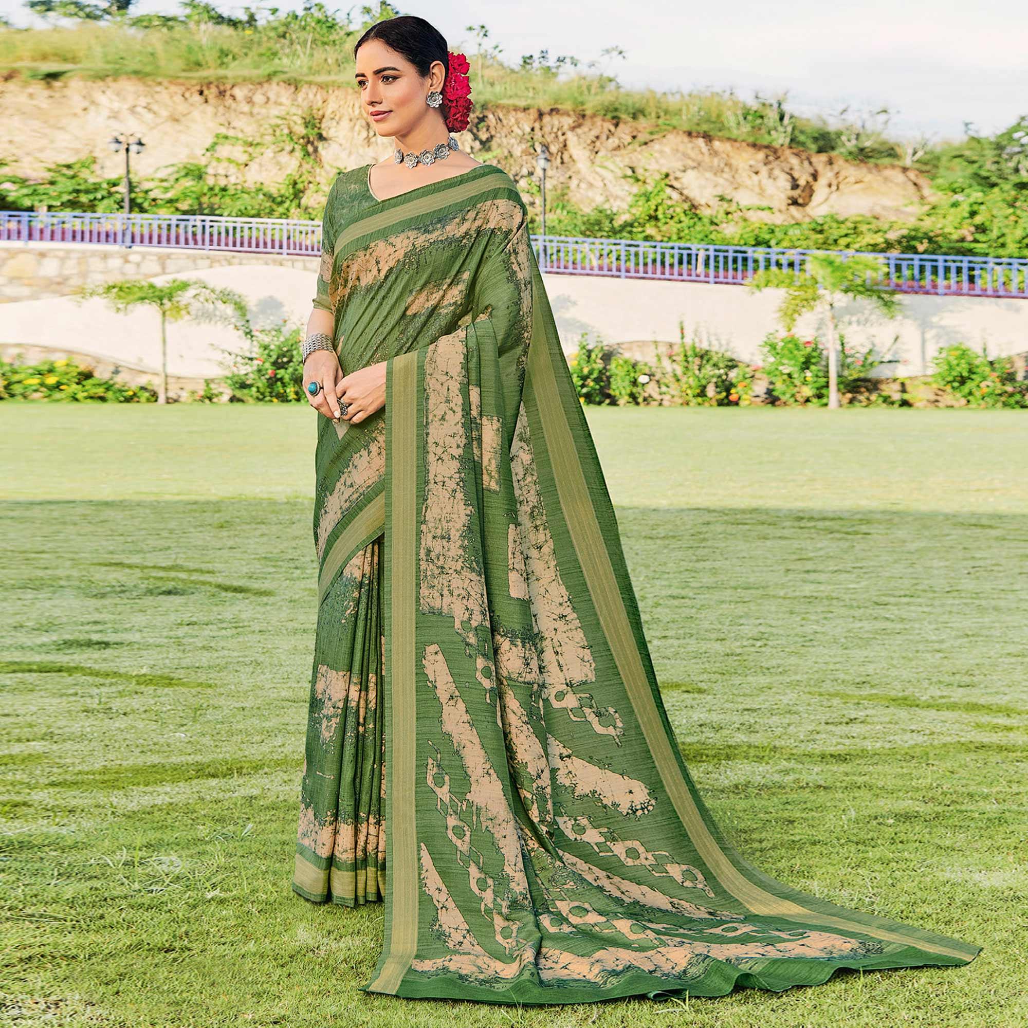 Mint Green Printed Cotton Silk Saree - Peachmode