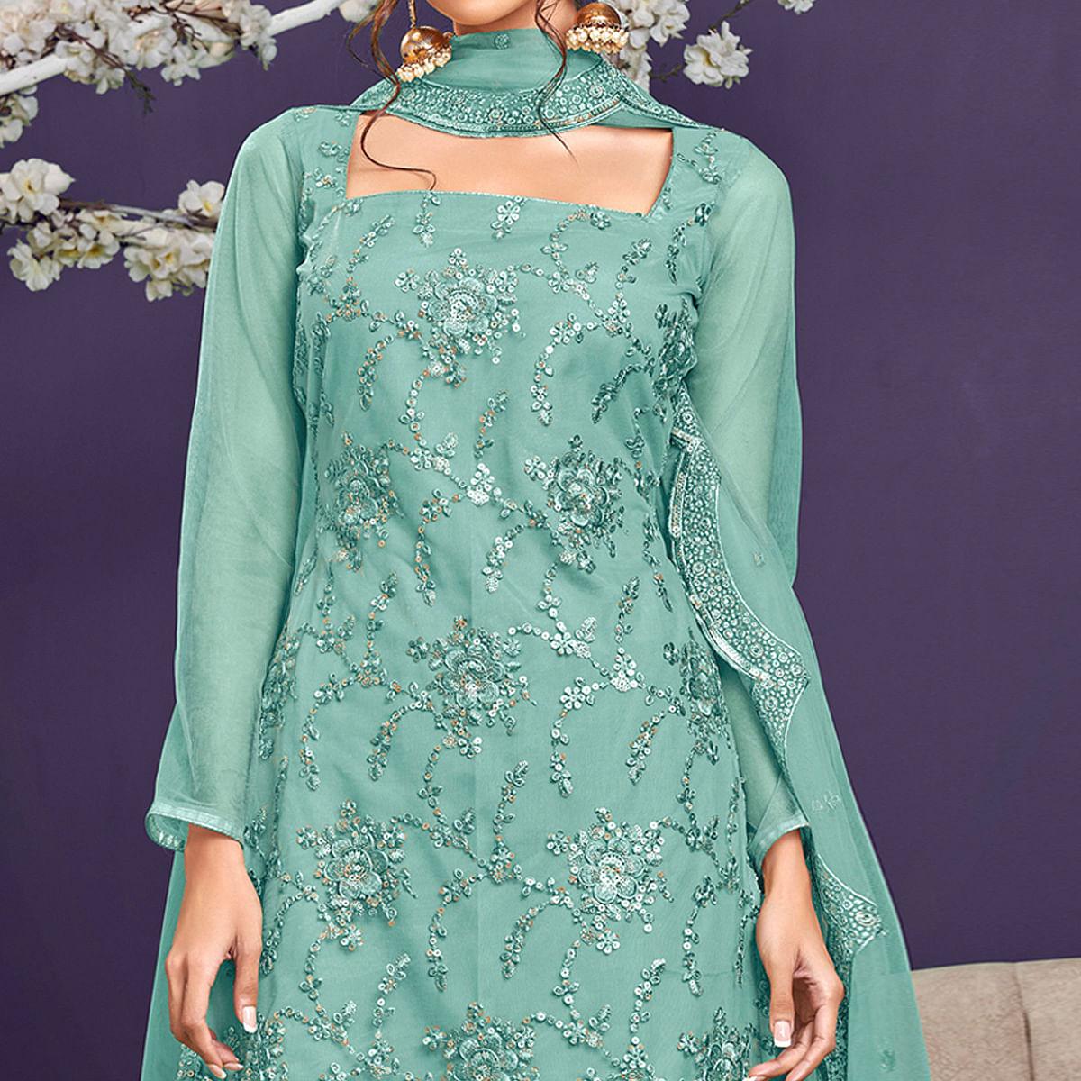 Mint Green Sequence Embroidered Netted Sharara Suit - Peachmode