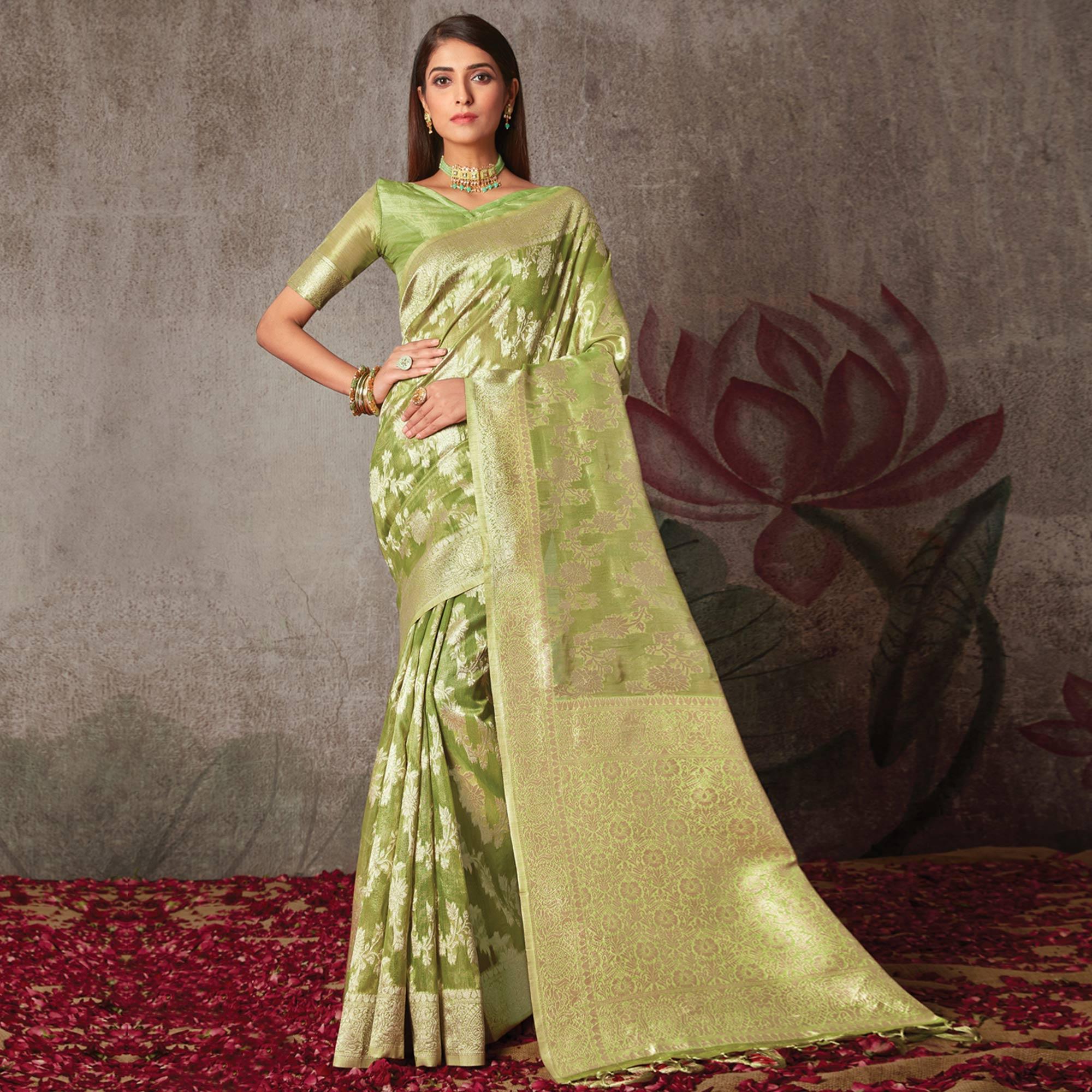 Mint Green Woven Art Silk Saree With Tassels - Peachmode