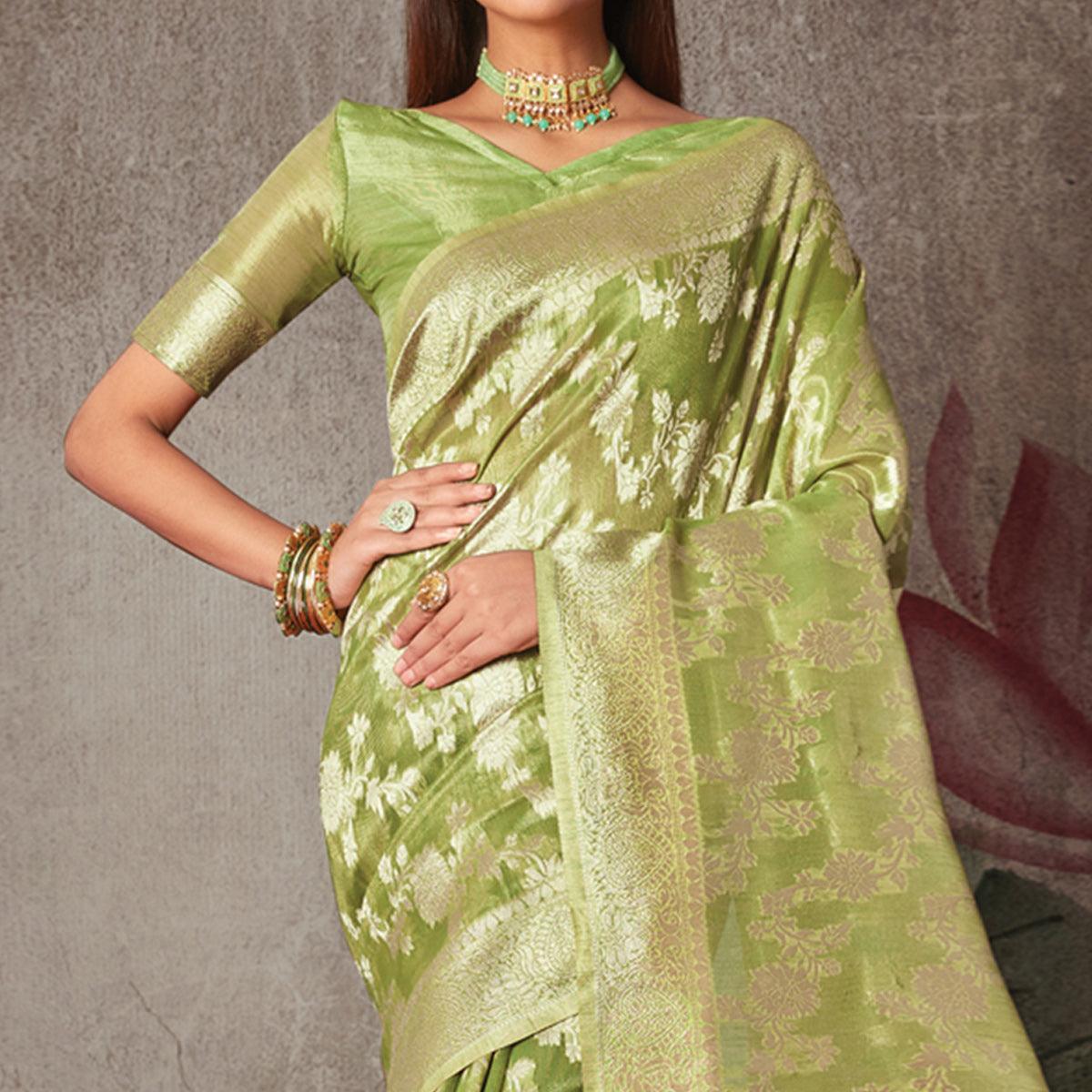 Mint Green Woven Art Silk Saree With Tassels - Peachmode