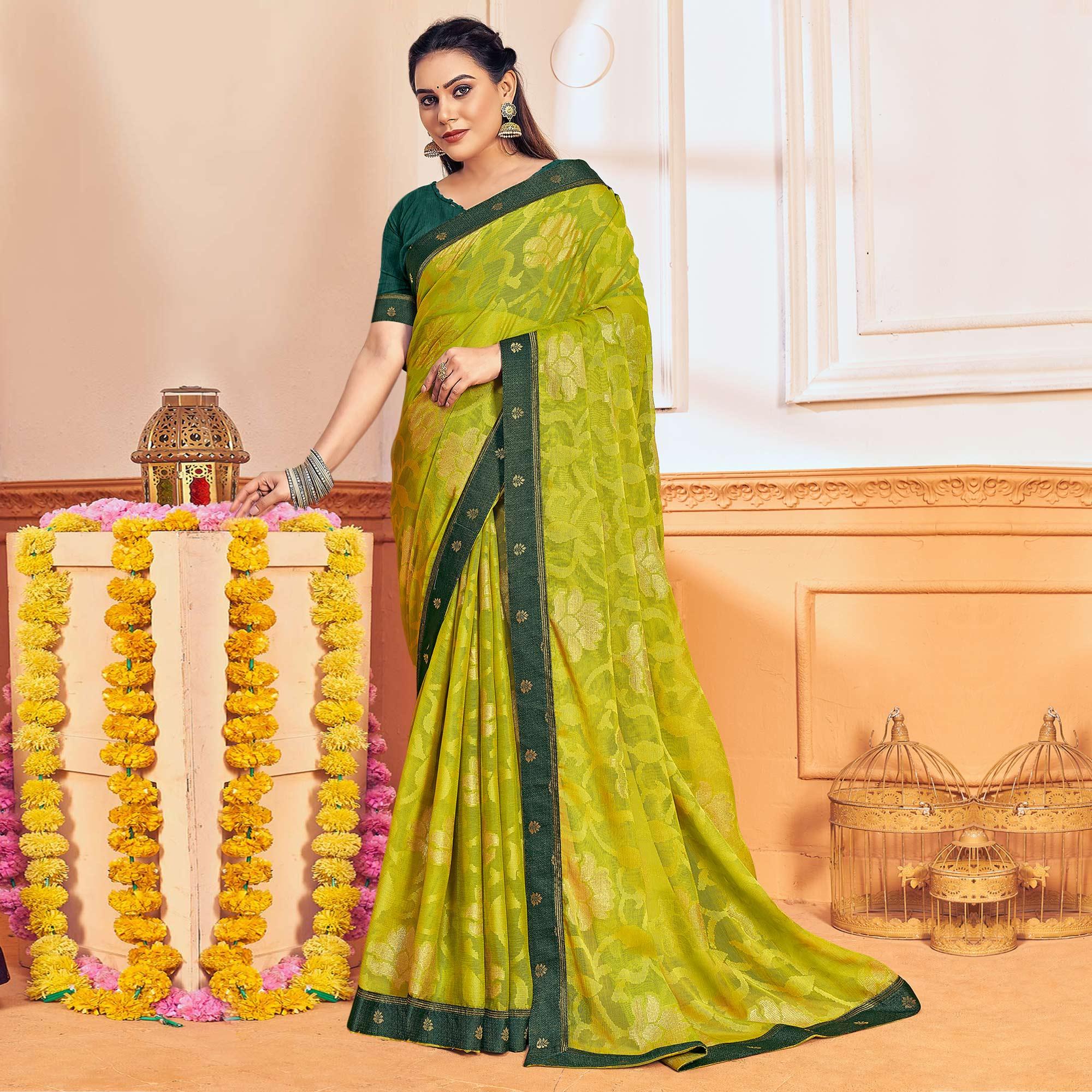 Mint Green Woven Brasso Saree - Peachmode