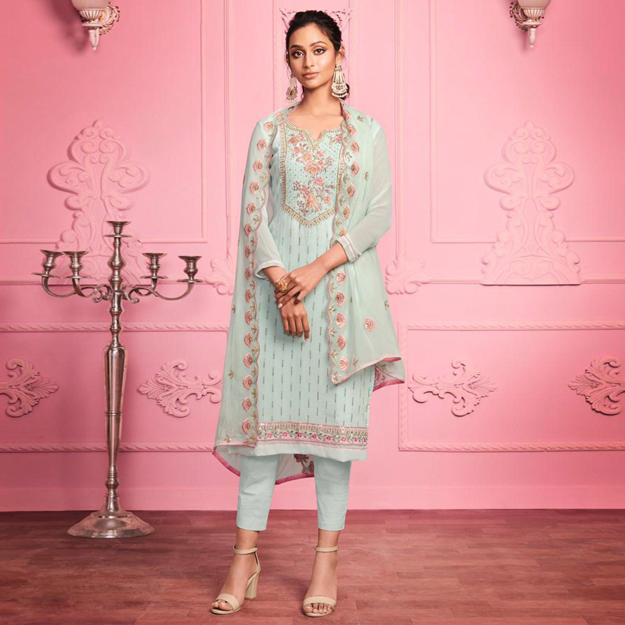 Misty Teal Partywear Thread & Zari Floral Embroidery Alizeh Georgette Suit - Peachmode