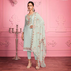 Misty Teal Partywear Thread & Zari Floral Embroidery Alizeh Georgette Suit - Peachmode