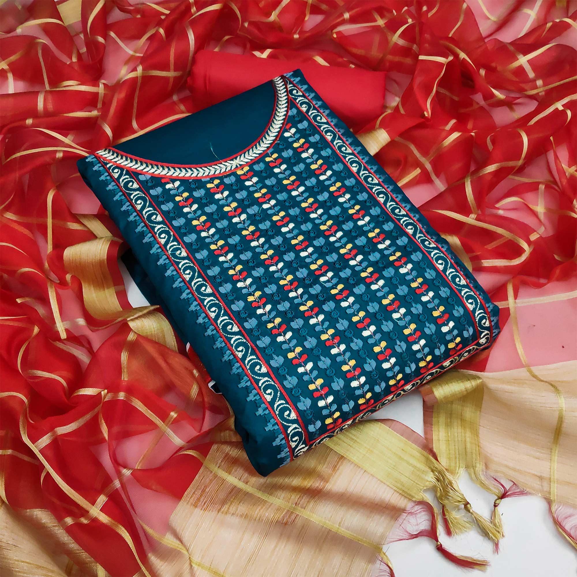 More Peach Festive Wear Floral Embroidered Cotton Dress Material - Peachmode