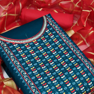 More Peach Festive Wear Floral Embroidered Cotton Dress Material - Peachmode