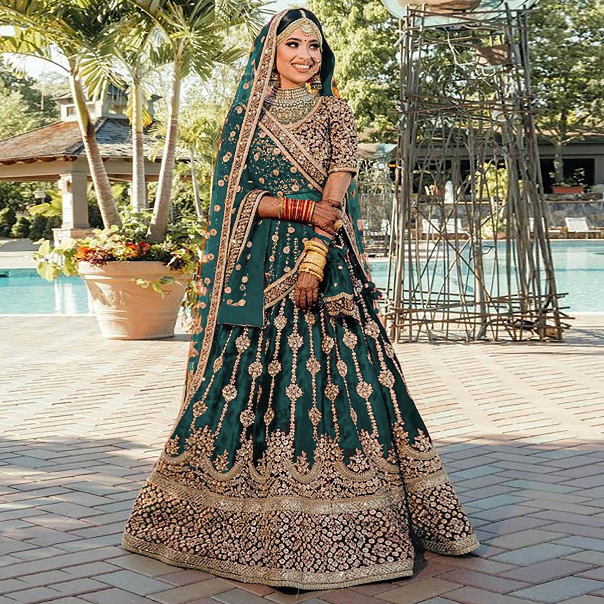 More Peach Wedding Wear Embroidered With Embellished Velvet Lehenga Choli - Peachmode