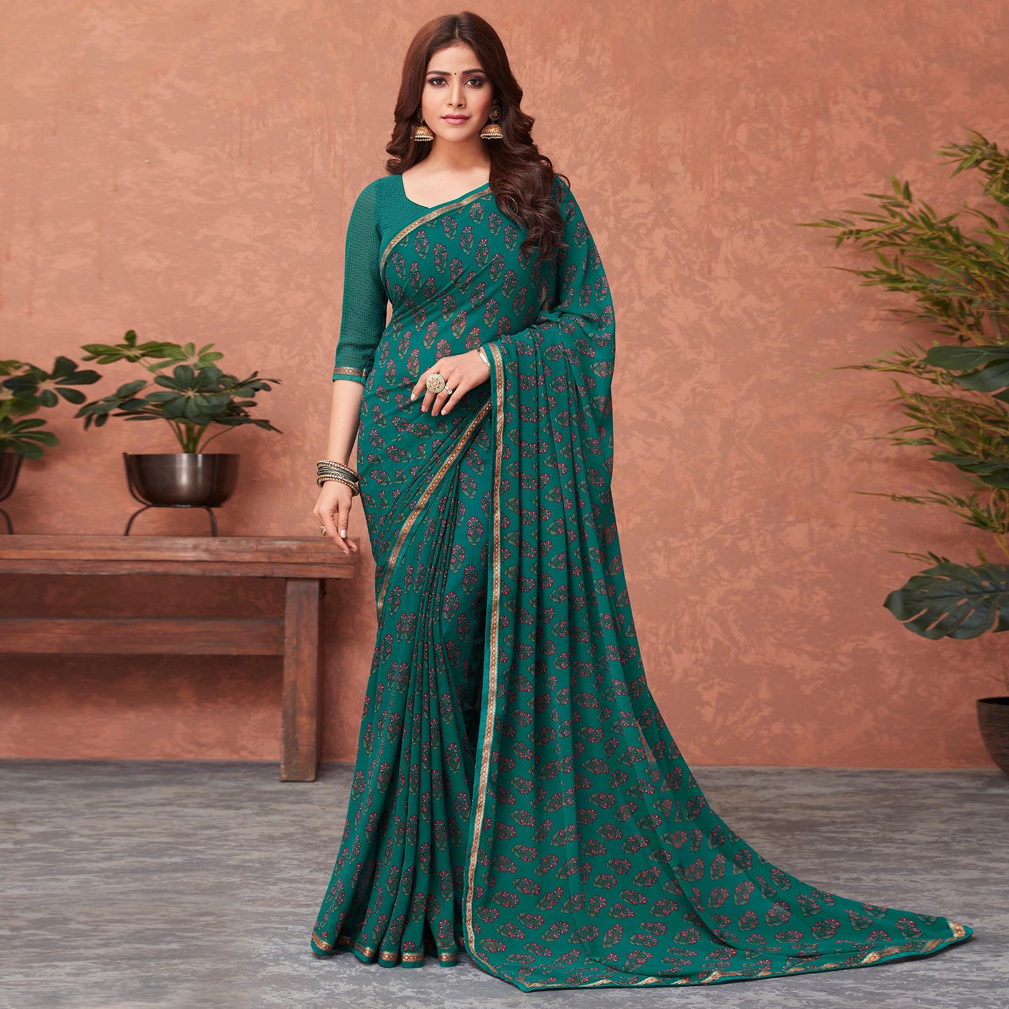 Morpich Casual Wear Floral Printed Georgette Saree - Peachmode
