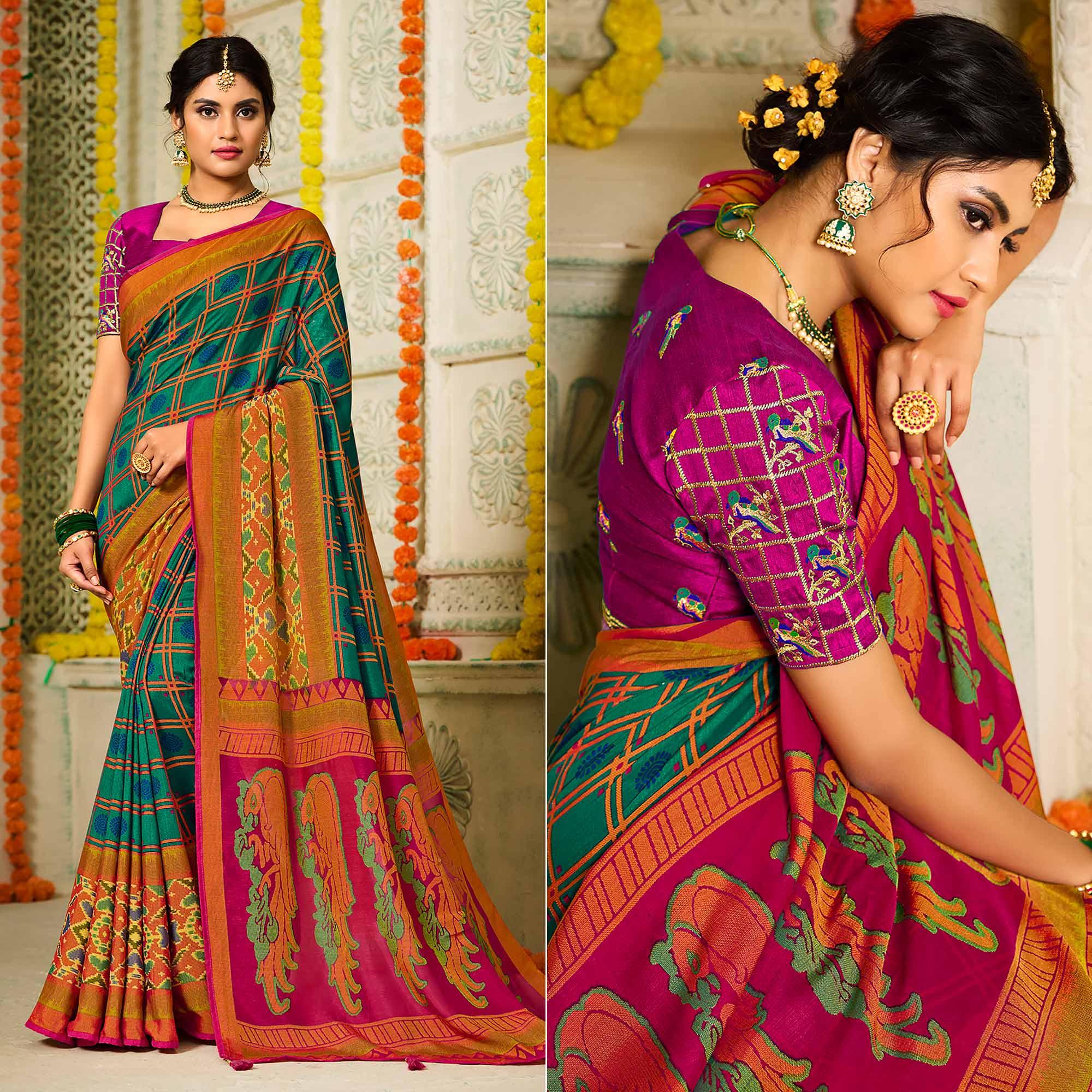 Morpich Checks Printed Brasso Saree With Tassels - Peachmode