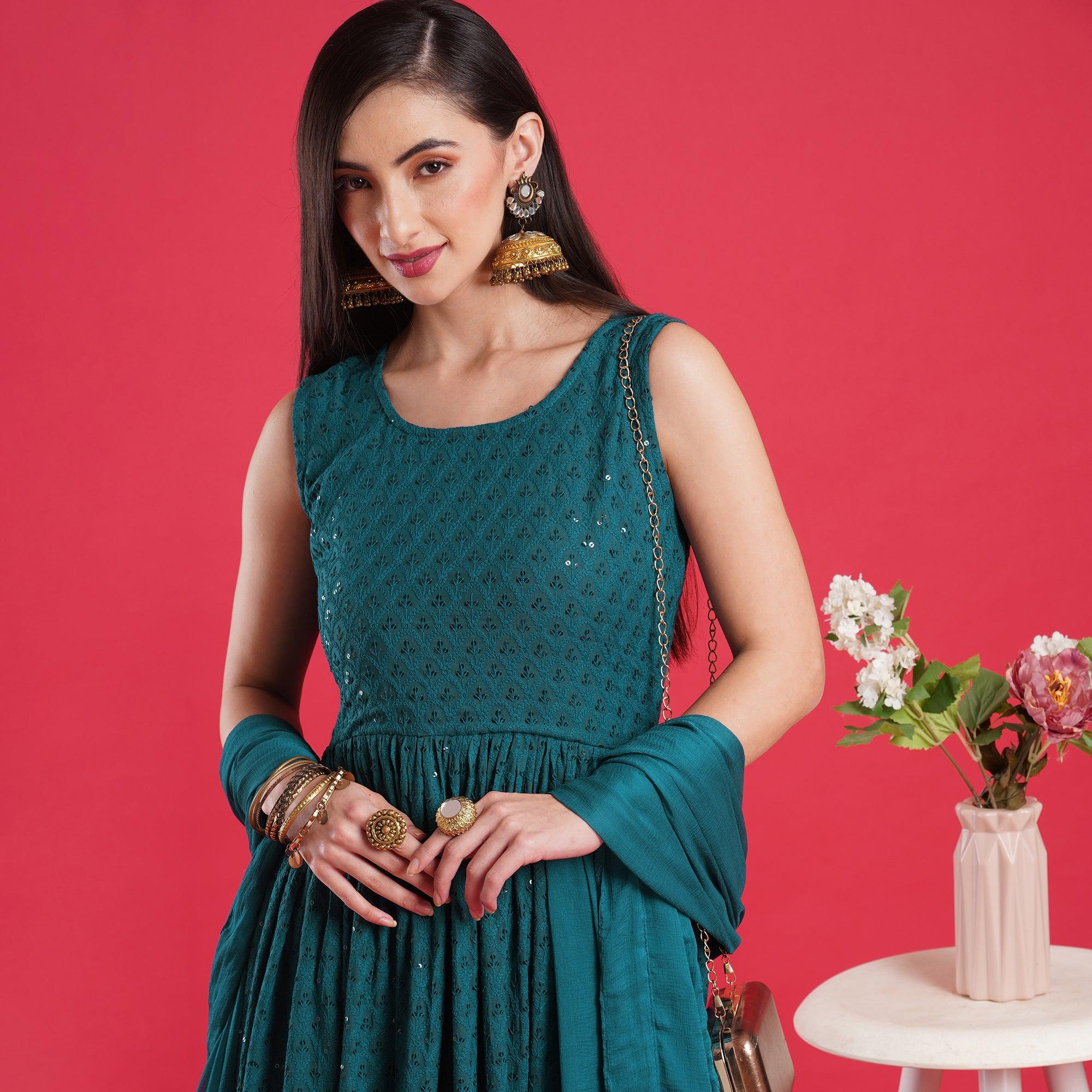 Morpich Chikankari Rayon Anarkali Style Gown - Peachmode