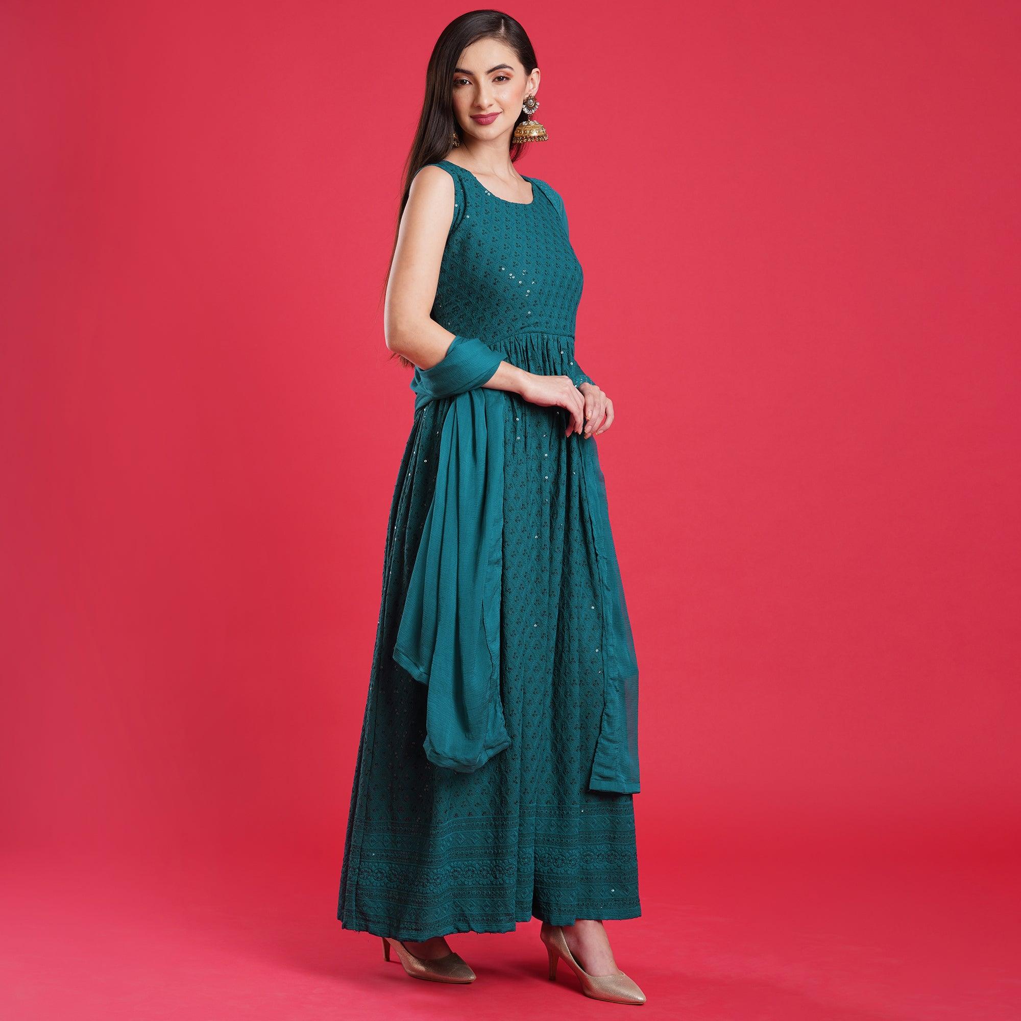 Morpich Chikankari Rayon Anarkali Style Gown - Peachmode