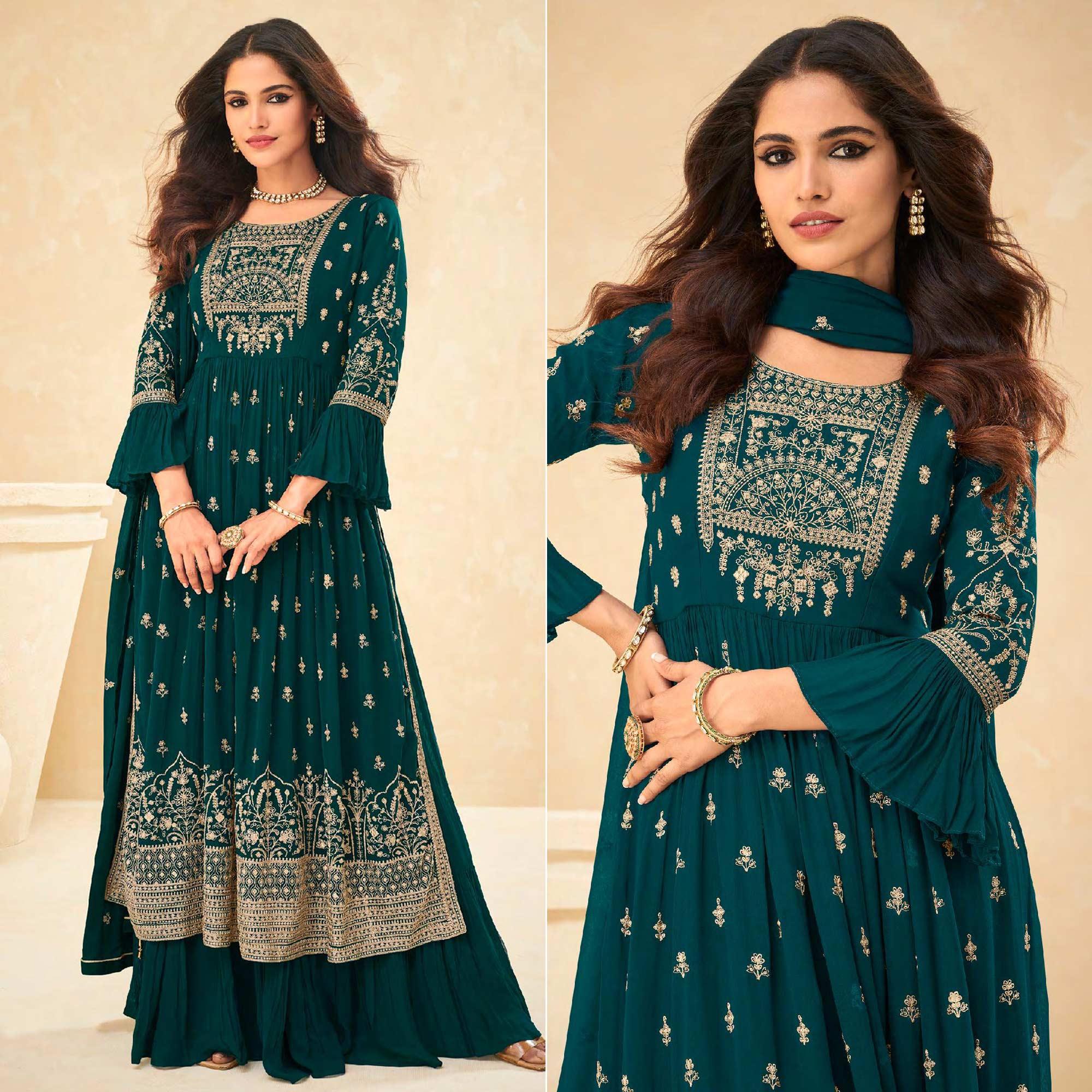 Morpich Embellished With Embroidered Georgette Palazzo Suit - Peachmode