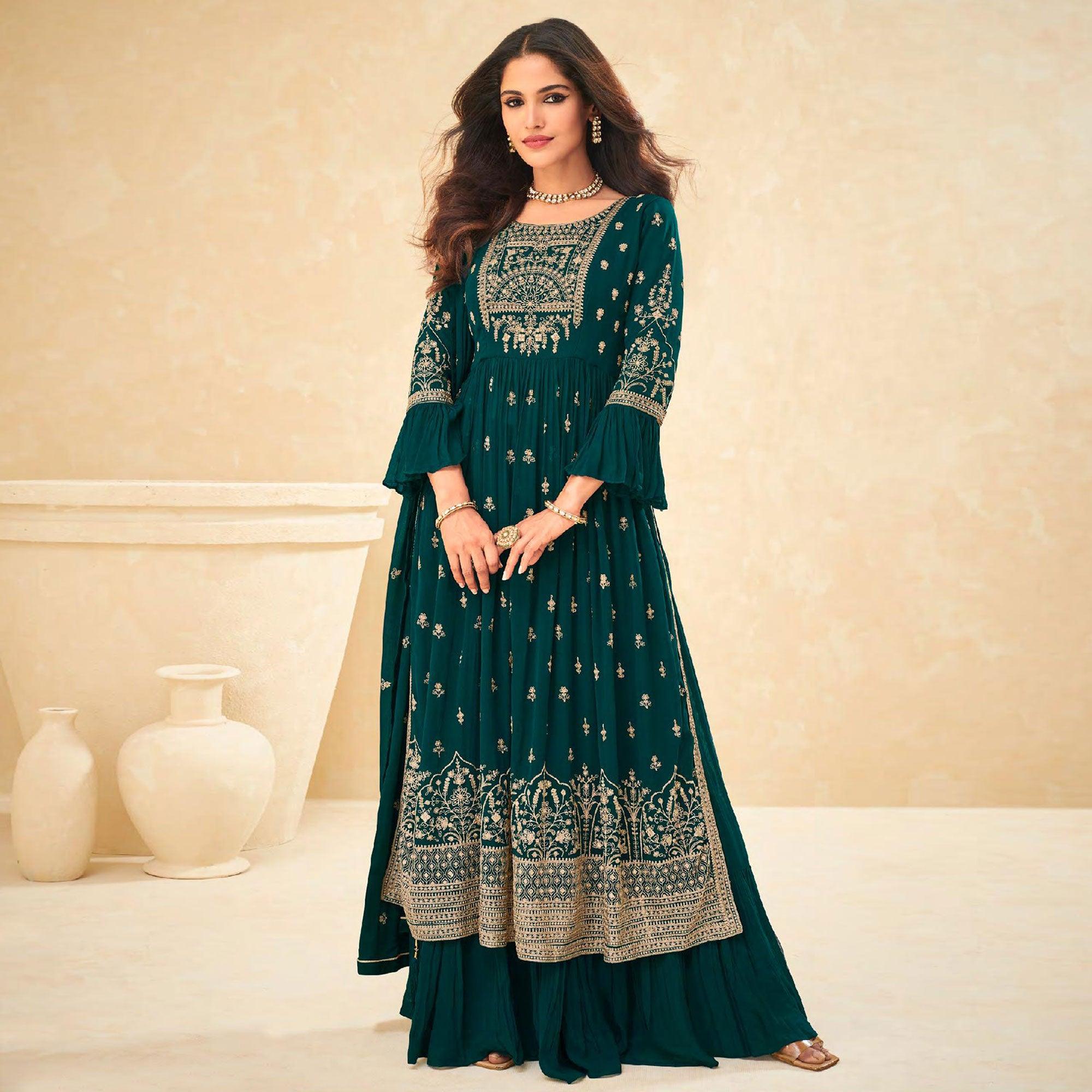 Morpich Embellished With Embroidered Georgette Palazzo Suit - Peachmode