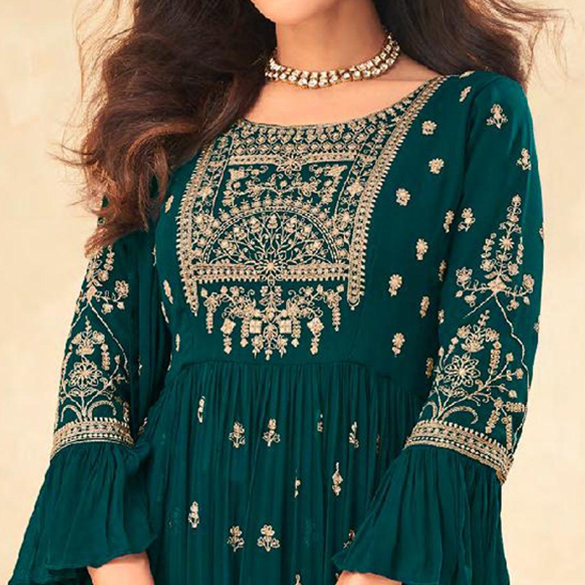 Morpich Embellished With Embroidered Georgette Palazzo Suit - Peachmode
