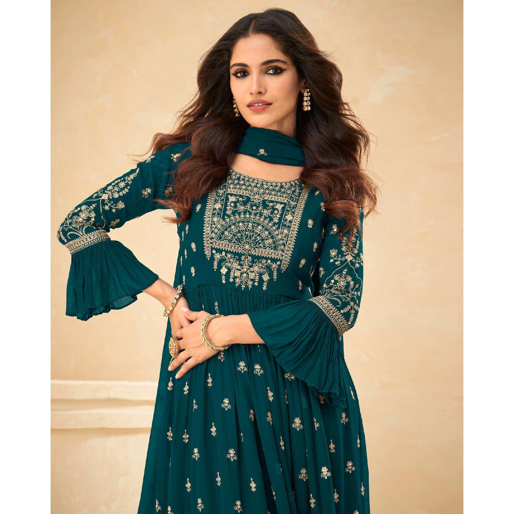 Morpich Embellished With Embroidered Georgette Palazzo Suit - Peachmode