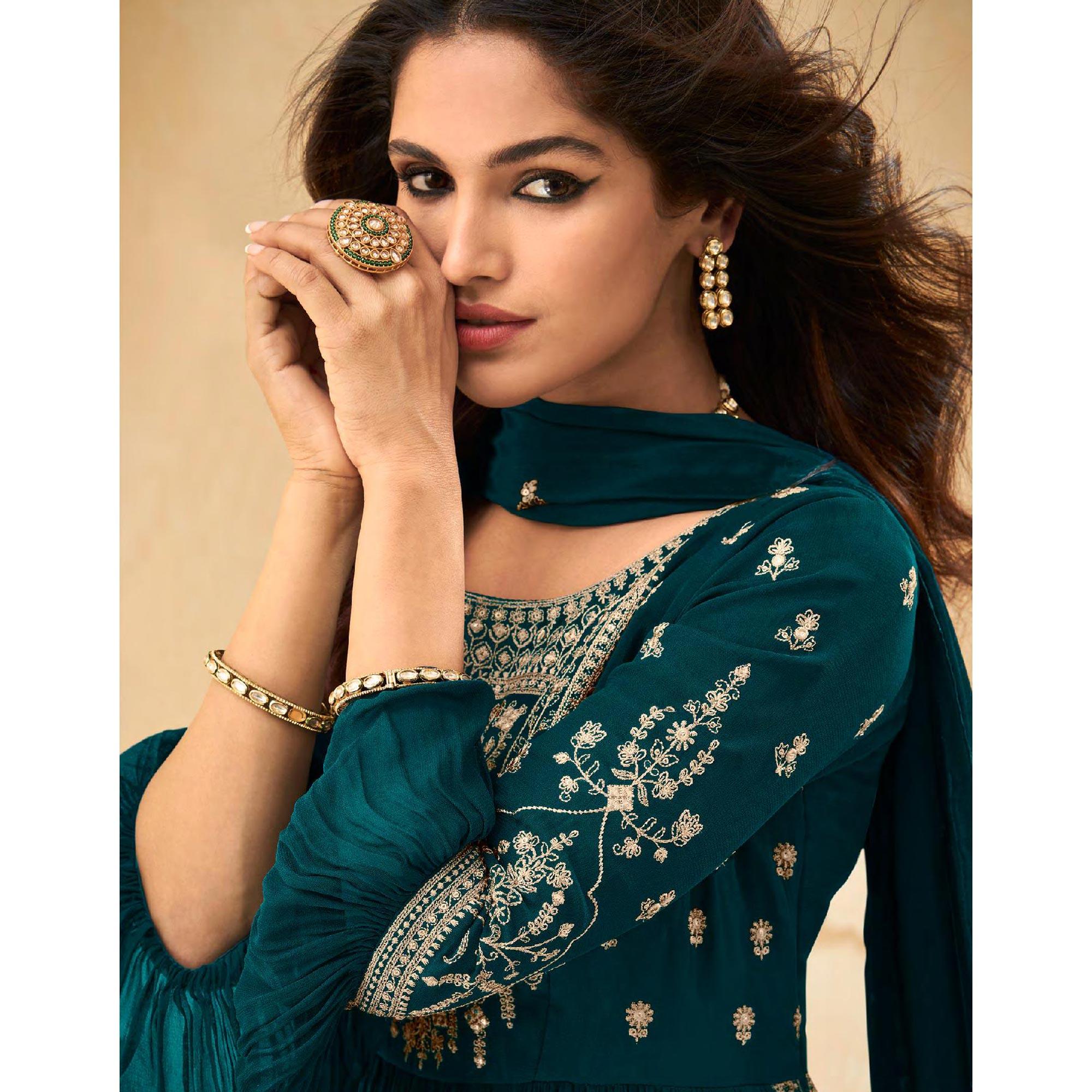 Morpich Embellished With Embroidered Georgette Palazzo Suit - Peachmode