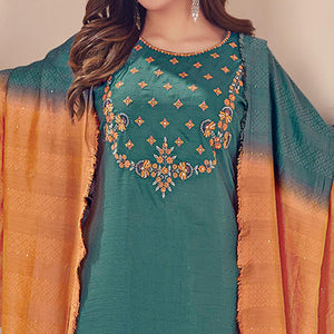 Morpich Embroidered With Embellished Chiffon Kurti Pant Set With Dupatta - Peachmode