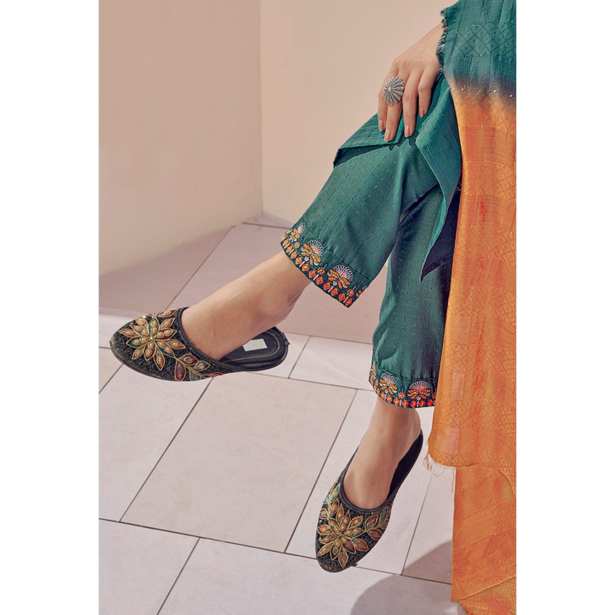Morpich Embroidered With Embellished Chiffon Kurti Pant Set With Dupatta - Peachmode