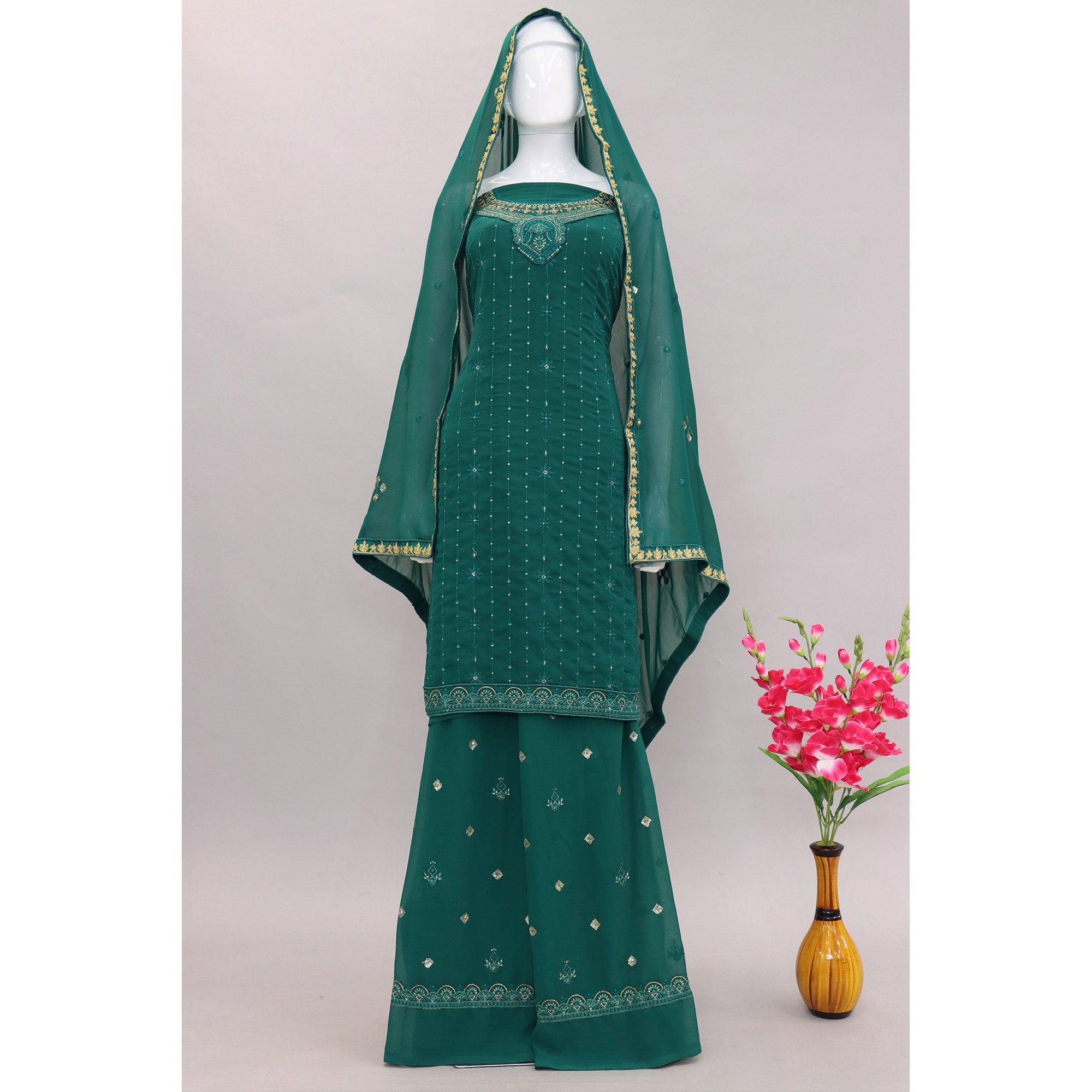 Morpich Embroidered With Embellished Georgette Palazzo Suit - Peachmode