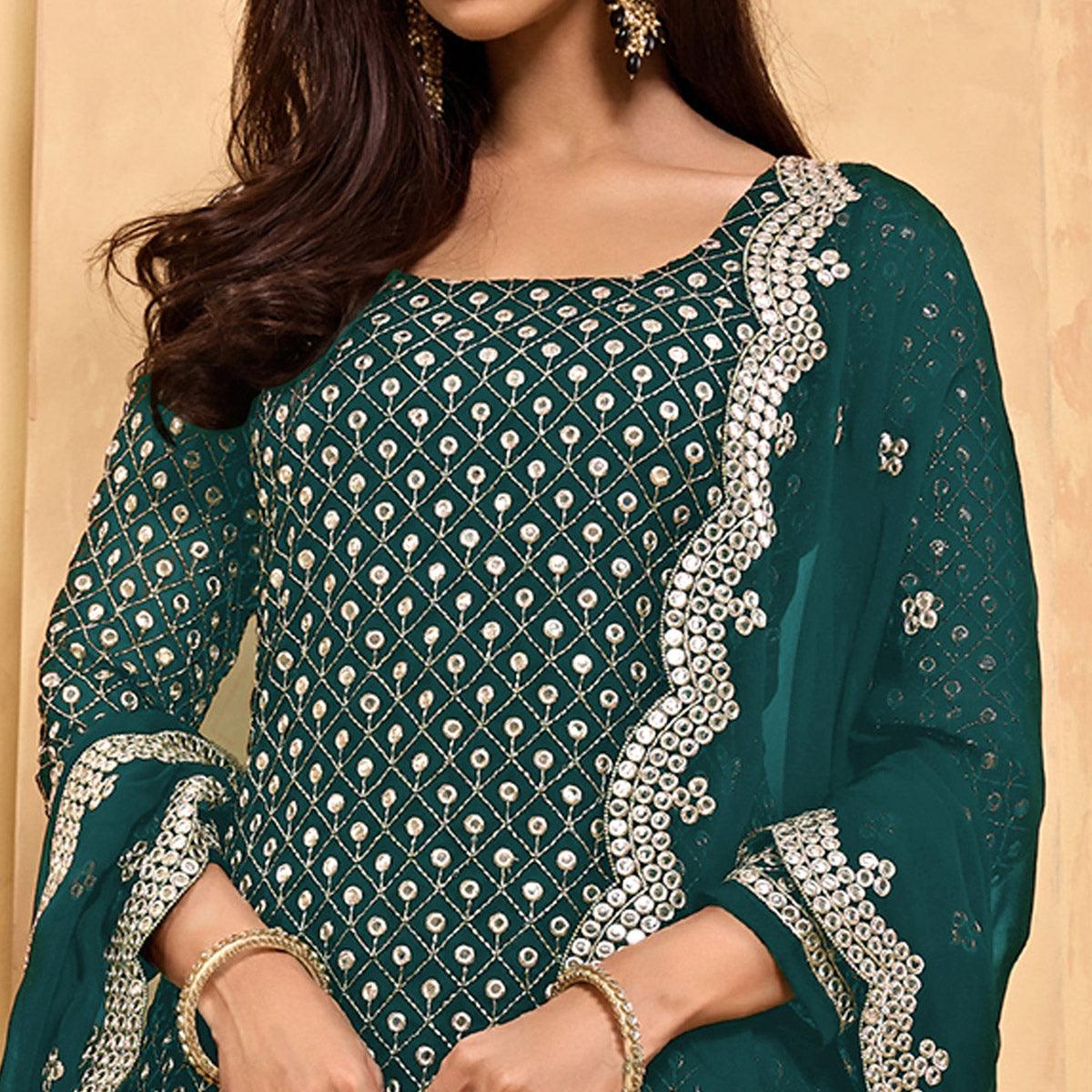 Morpich Embroidered With Embellished Georgette Sharara Suit - Peachmode