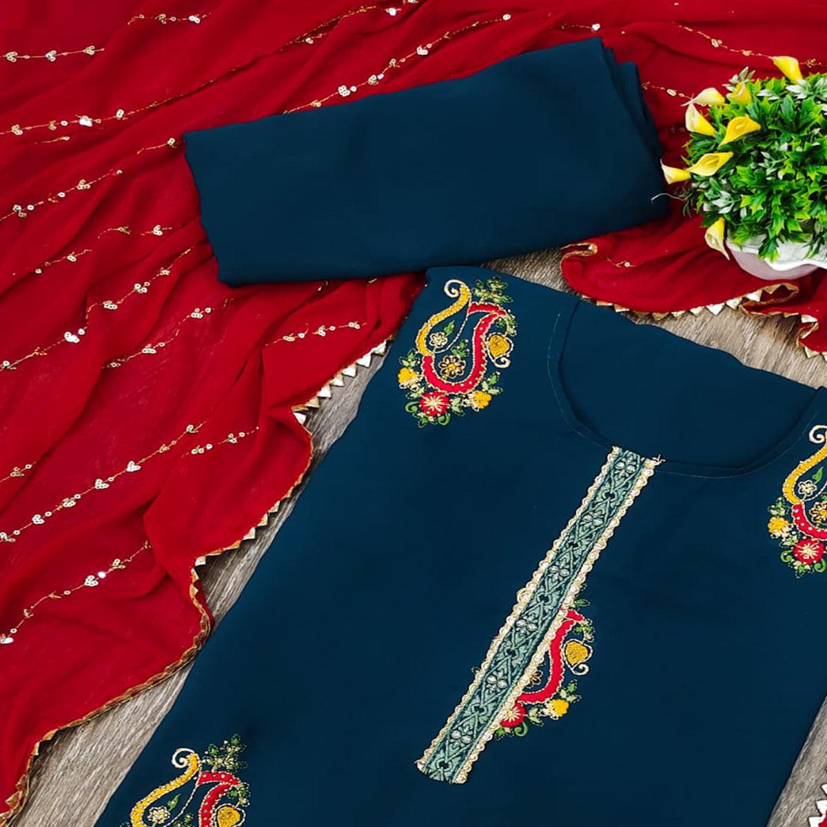 Morpich Festive Wear Embroidered Cotton Dress Material - Peachmode