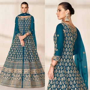 Morpich Floral Embroidered Net Anarkali Style Gown - Peachmode