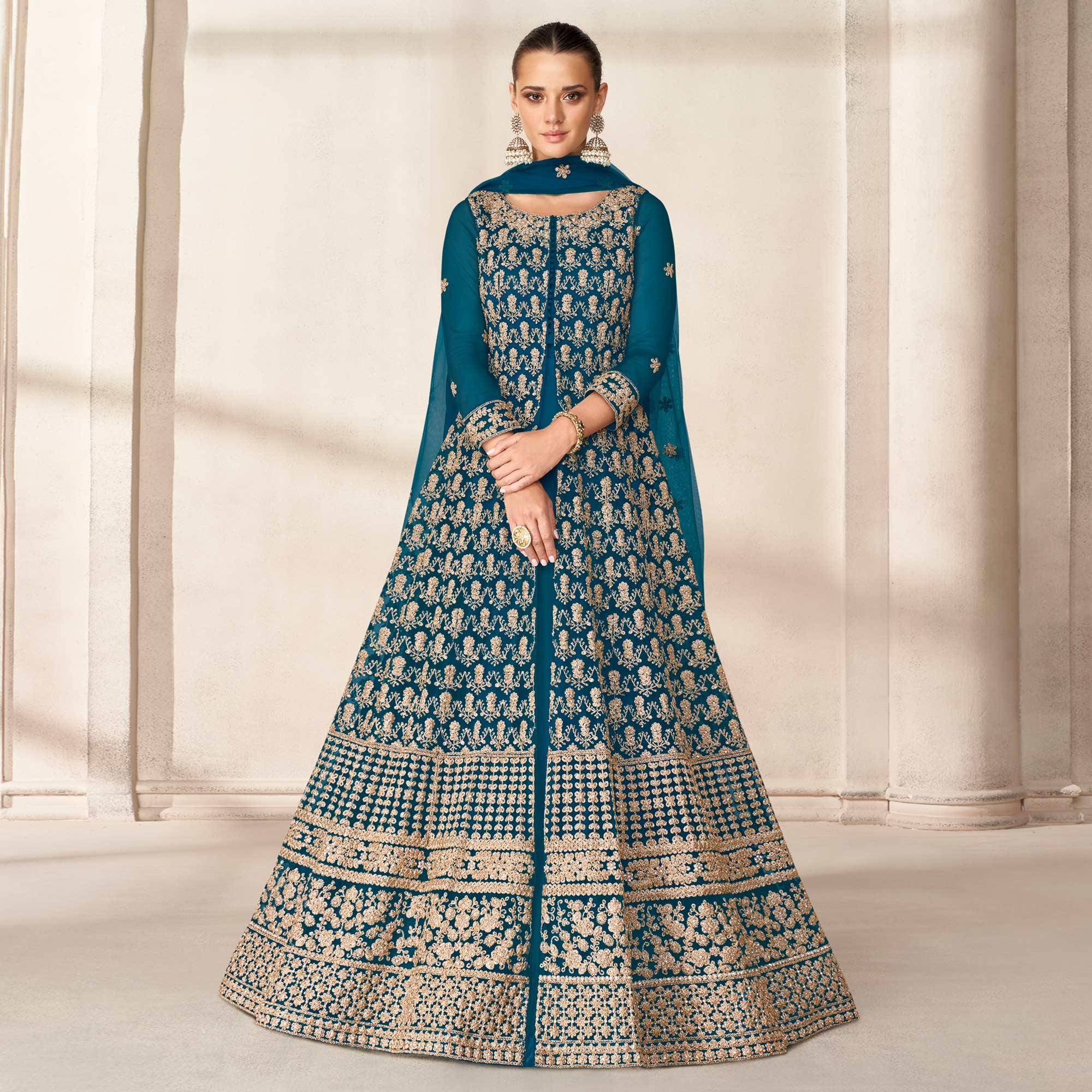 Morpich Floral Embroidered Net Anarkali Style Gown - Peachmode