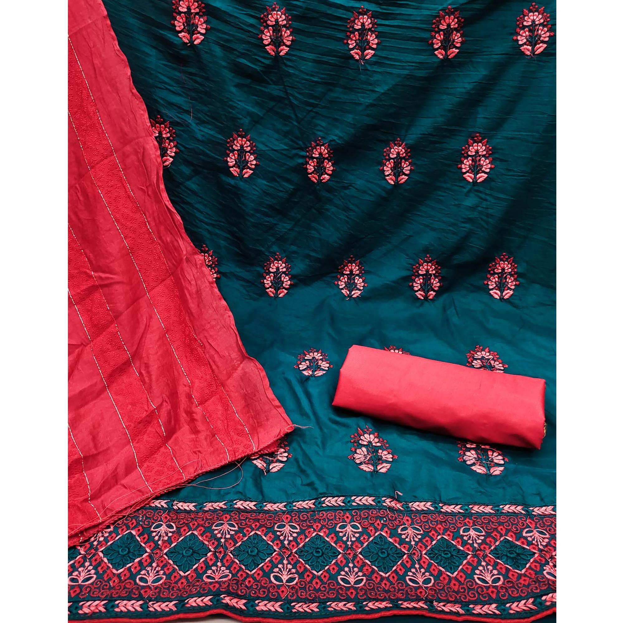 Morpich Floral Embroidered Pure Silk Dress Material - Peachmode