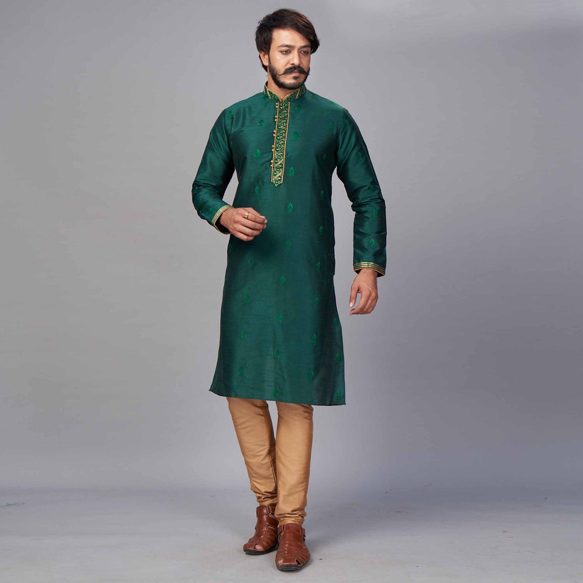 Morpich Floral Embroidered Pure Silk Kurta Pyjama Set - Peachmode