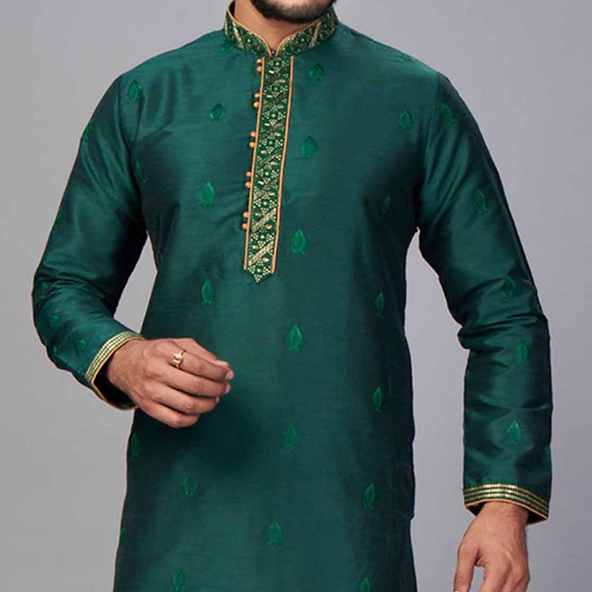 Morpich Floral Embroidered Pure Silk Kurta Pyjama Set - Peachmode