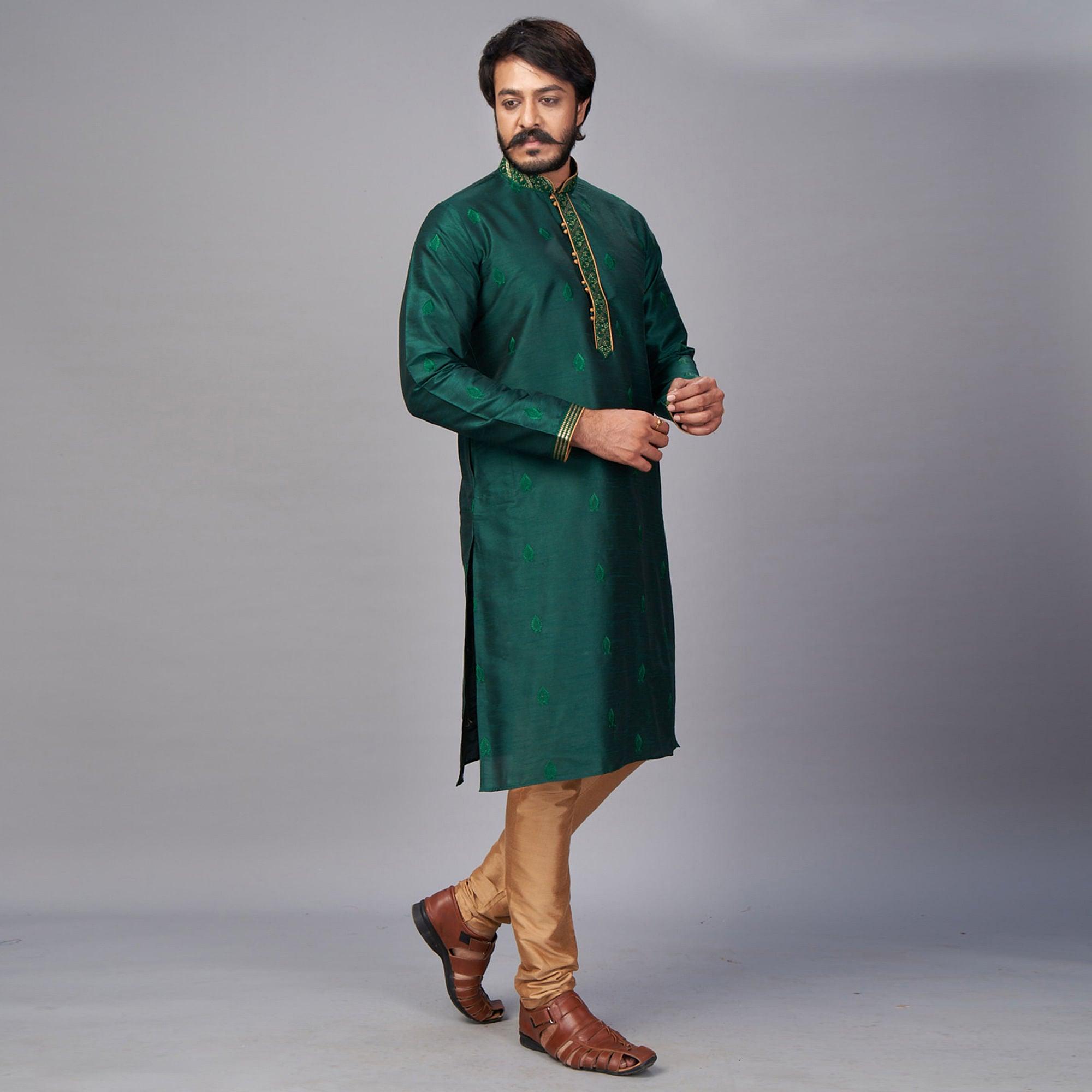 Morpich Floral Embroidered Pure Silk Kurta Pyjama Set - Peachmode