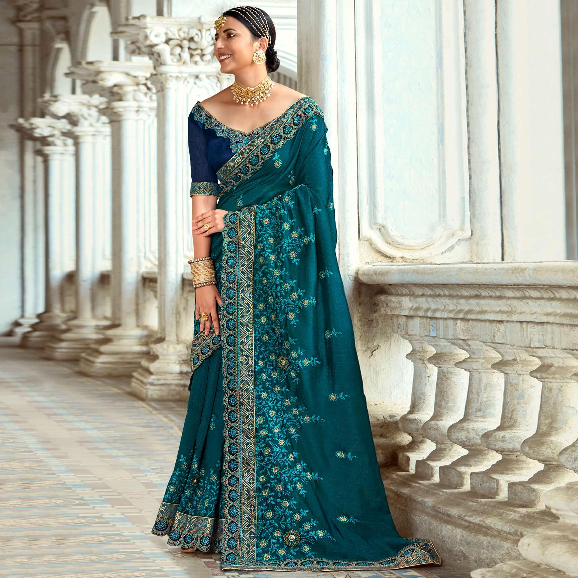 Morpich Floral Embroidered Vichitra Silk Saree - Peachmode