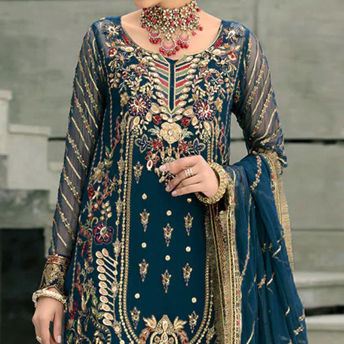 Morpich Floral Embroidered With Sequence Georgette Pakistani Suit - Peachmode