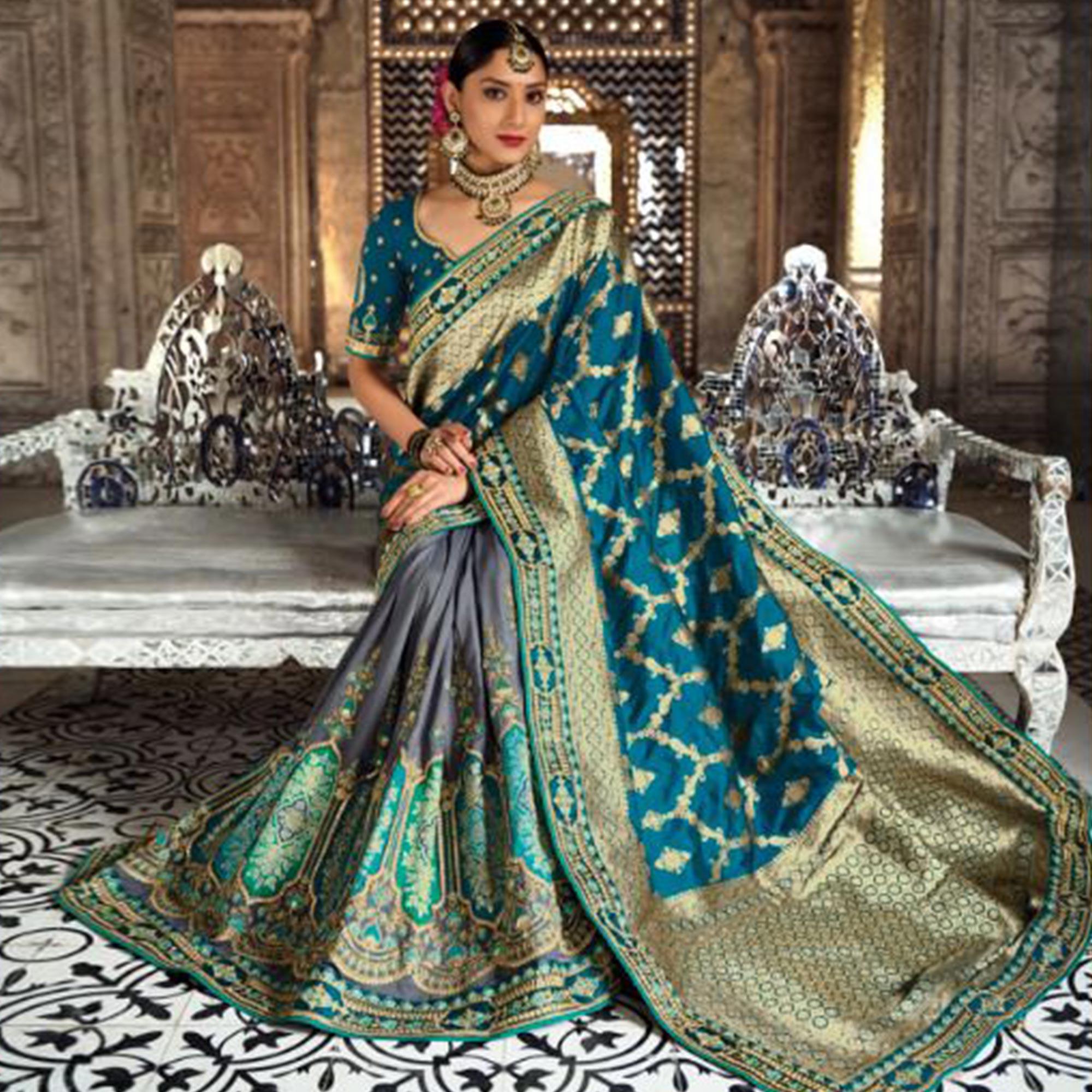 Morpich-Grey Festive Wear Woven Banarasi Silk Half & Half Saree - Peachmode