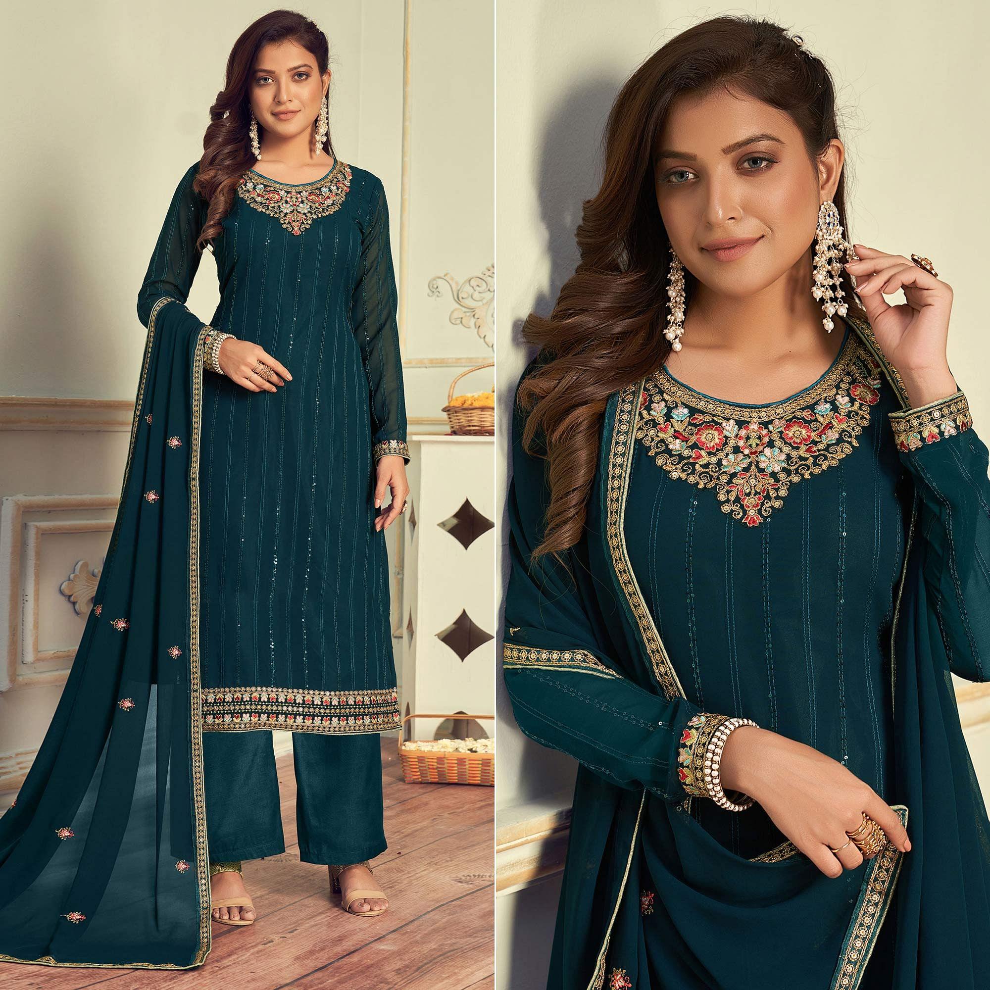 Morpich Partywear Embroidery With Embellished Georgette Suit - Peachmode