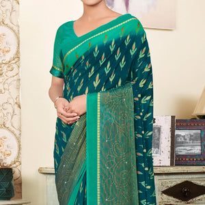 Morpich Printed With Swarovski Work Georgette Saree - Peachmode