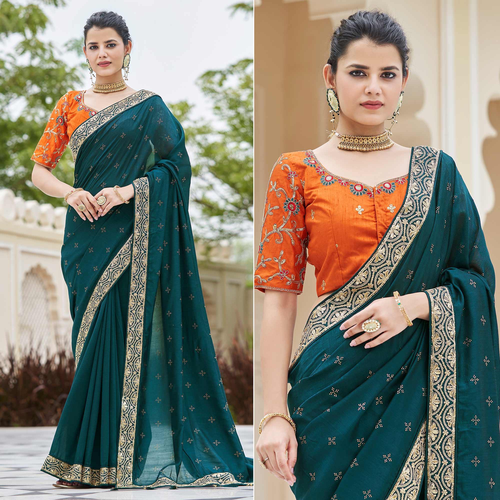 Morpich Sequence With swarovski Work Vichitra Silk Saree - Peachmode