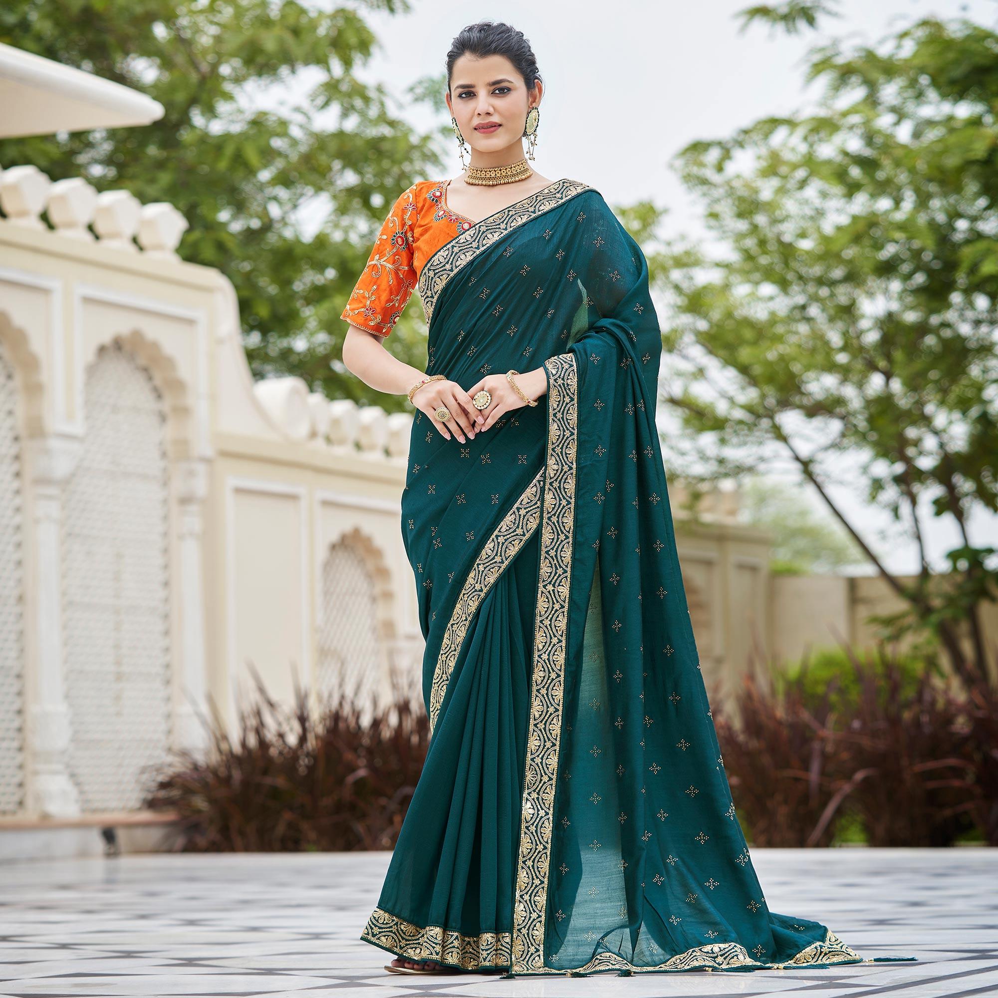 Morpich Sequence With swarovski Work Vichitra Silk Saree - Peachmode