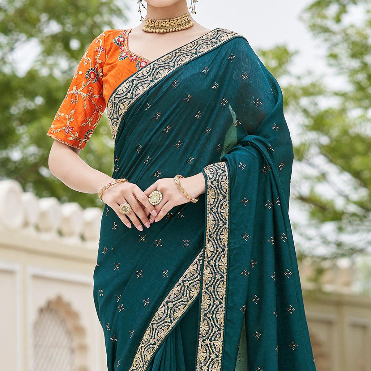Morpich Sequence With swarovski Work Vichitra Silk Saree - Peachmode