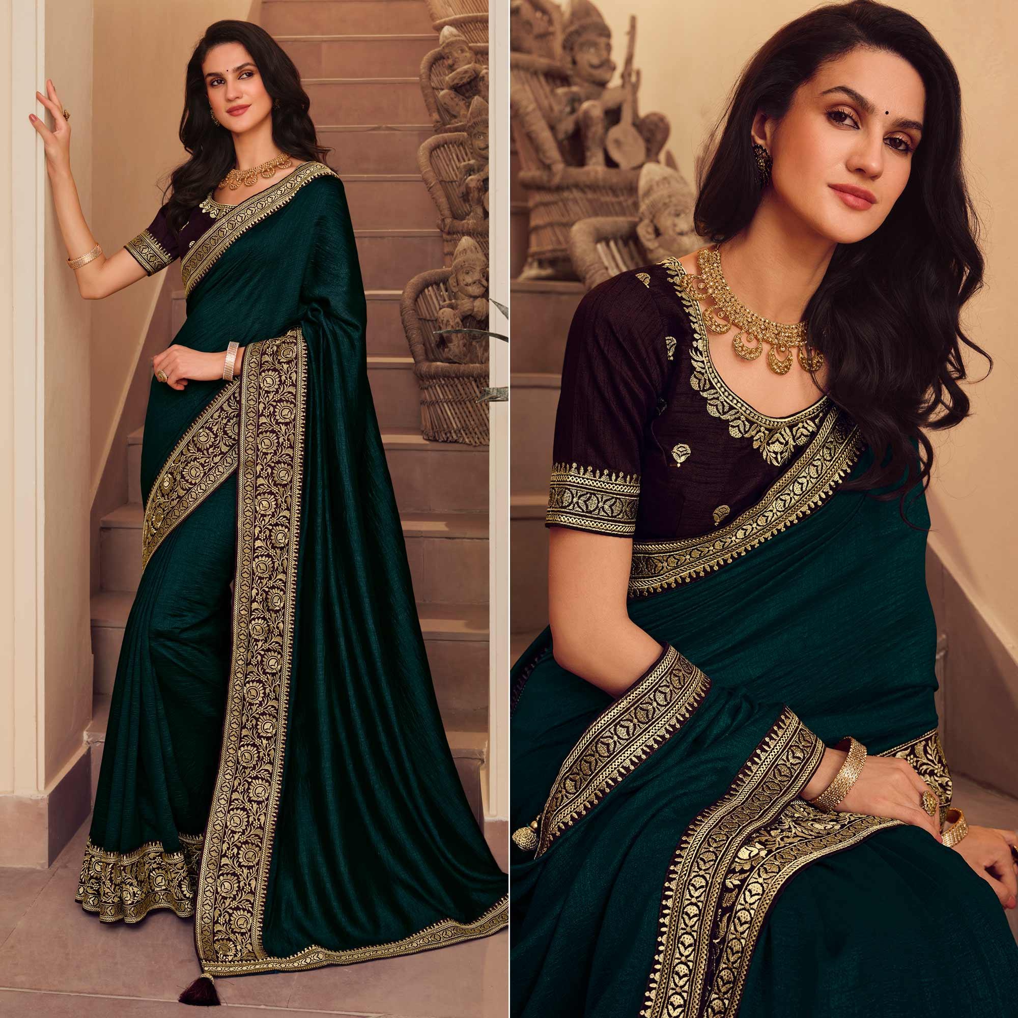 Morpich Solid Vichitra Silk Saree With Tassels - Peachmode
